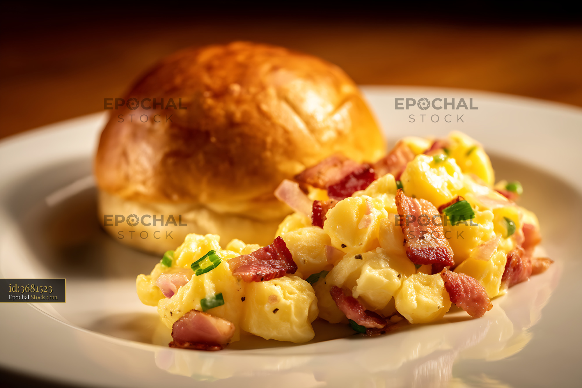 Breakfast Scrambled Eggs with Crispy Bacon and Roll - stock photo