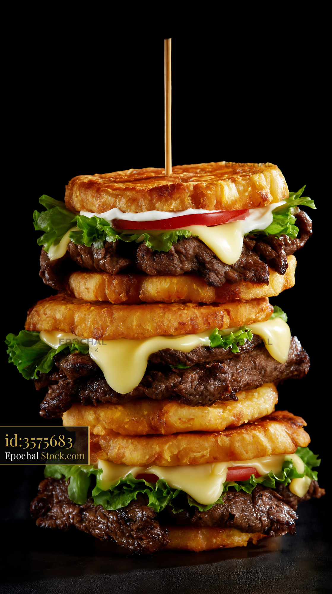 Gourmet Triple Beef Burger Stacked with Crispy Fries - stock photo