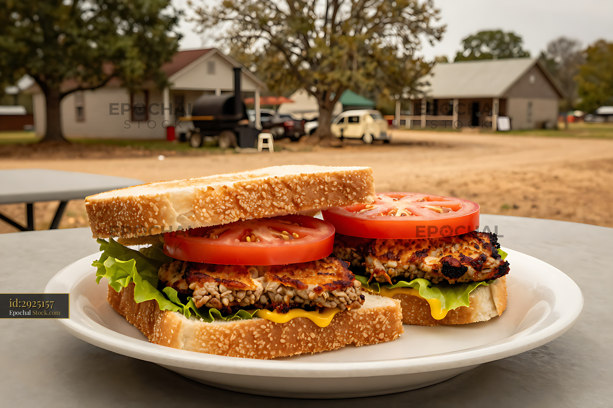 Livermush Sandwich with Tomato at Farm Picnic - stock photo