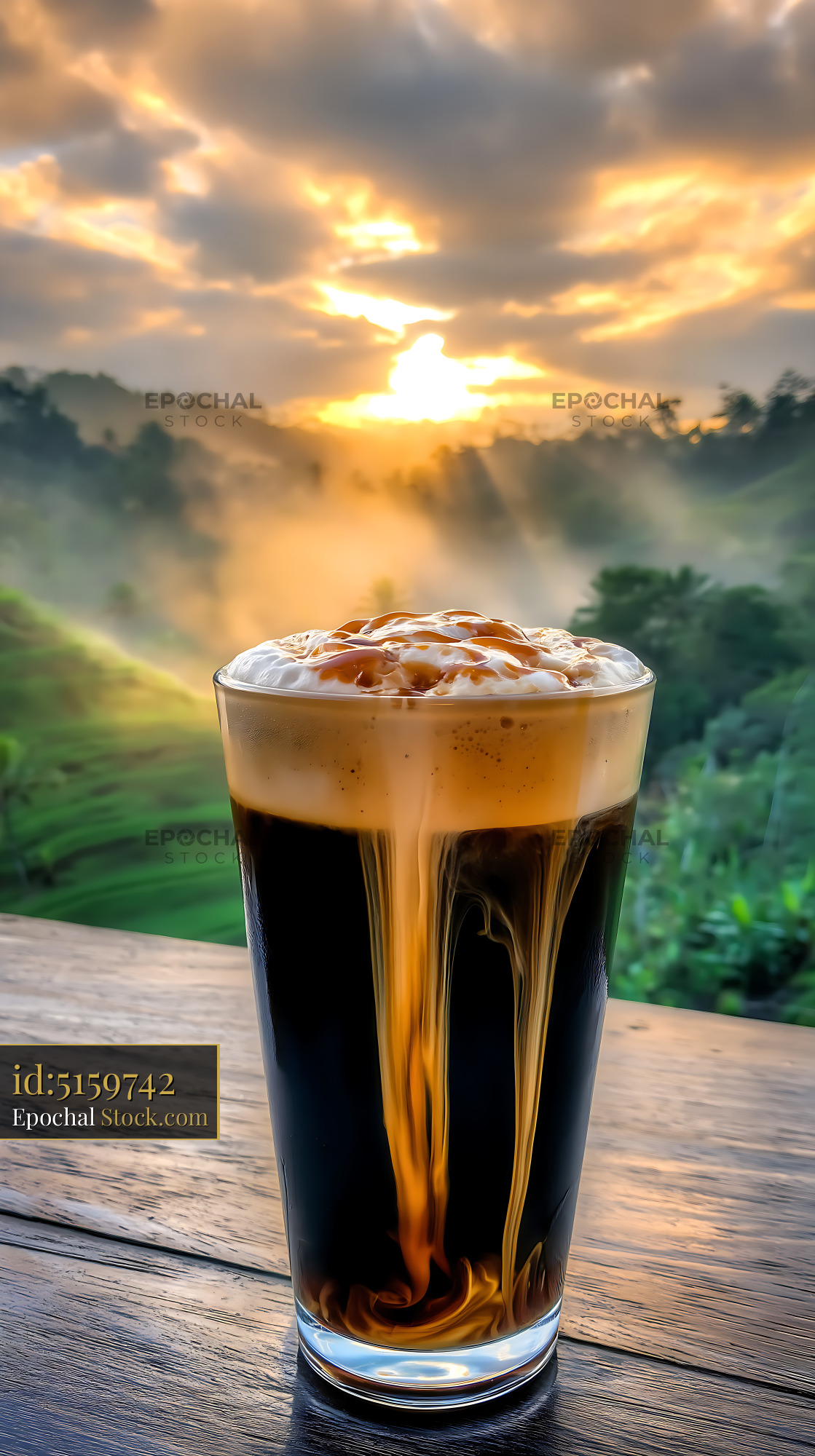 Nitro Caramel Coffee Sunrise Mountain Valley - stock photo