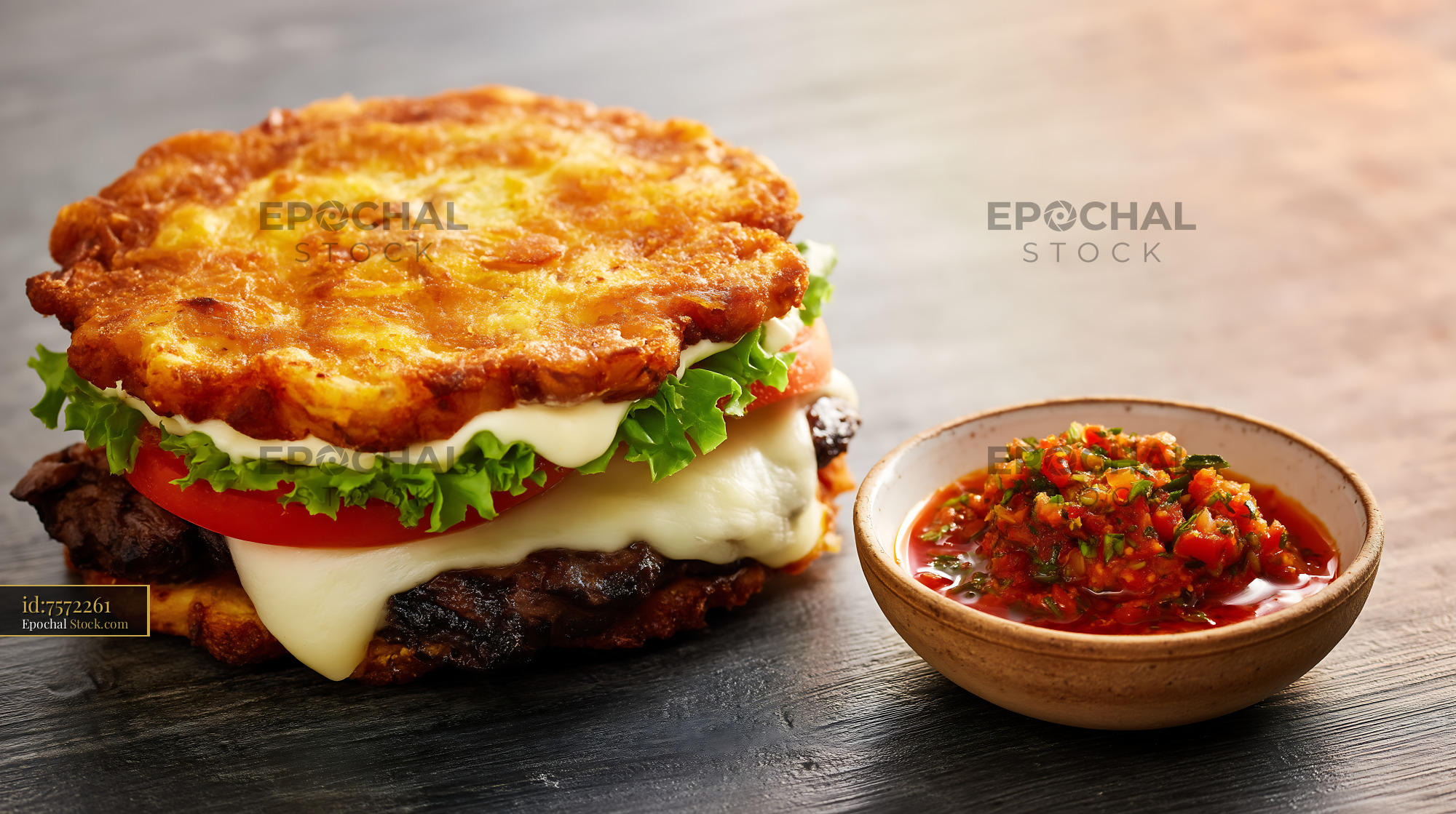 Jibarito Burger with Crispy Plantain Buns and Fresh Toppings - stock photo