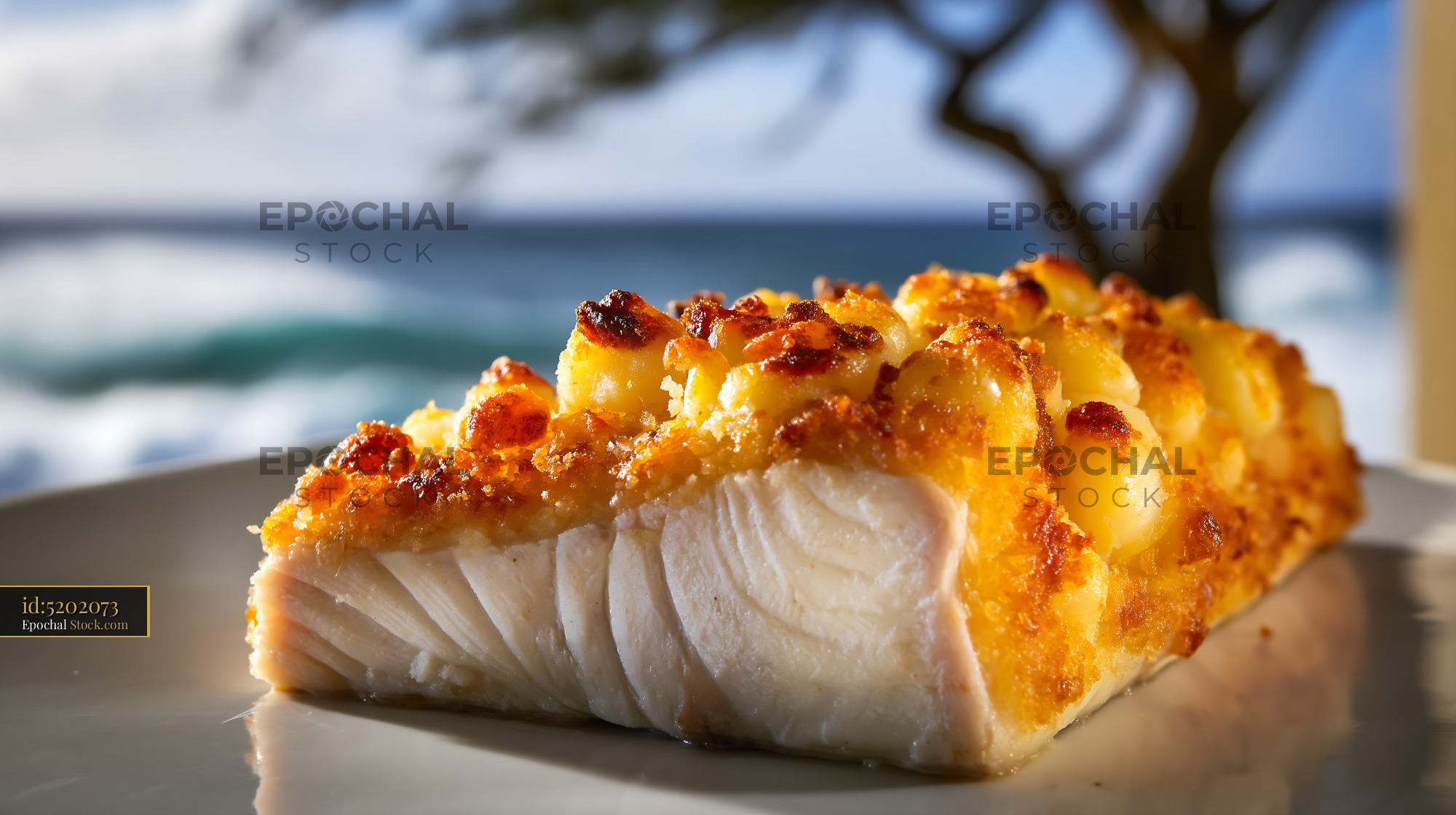Herb-Crusted White Fish Fillet with Ocean View - stock photo
