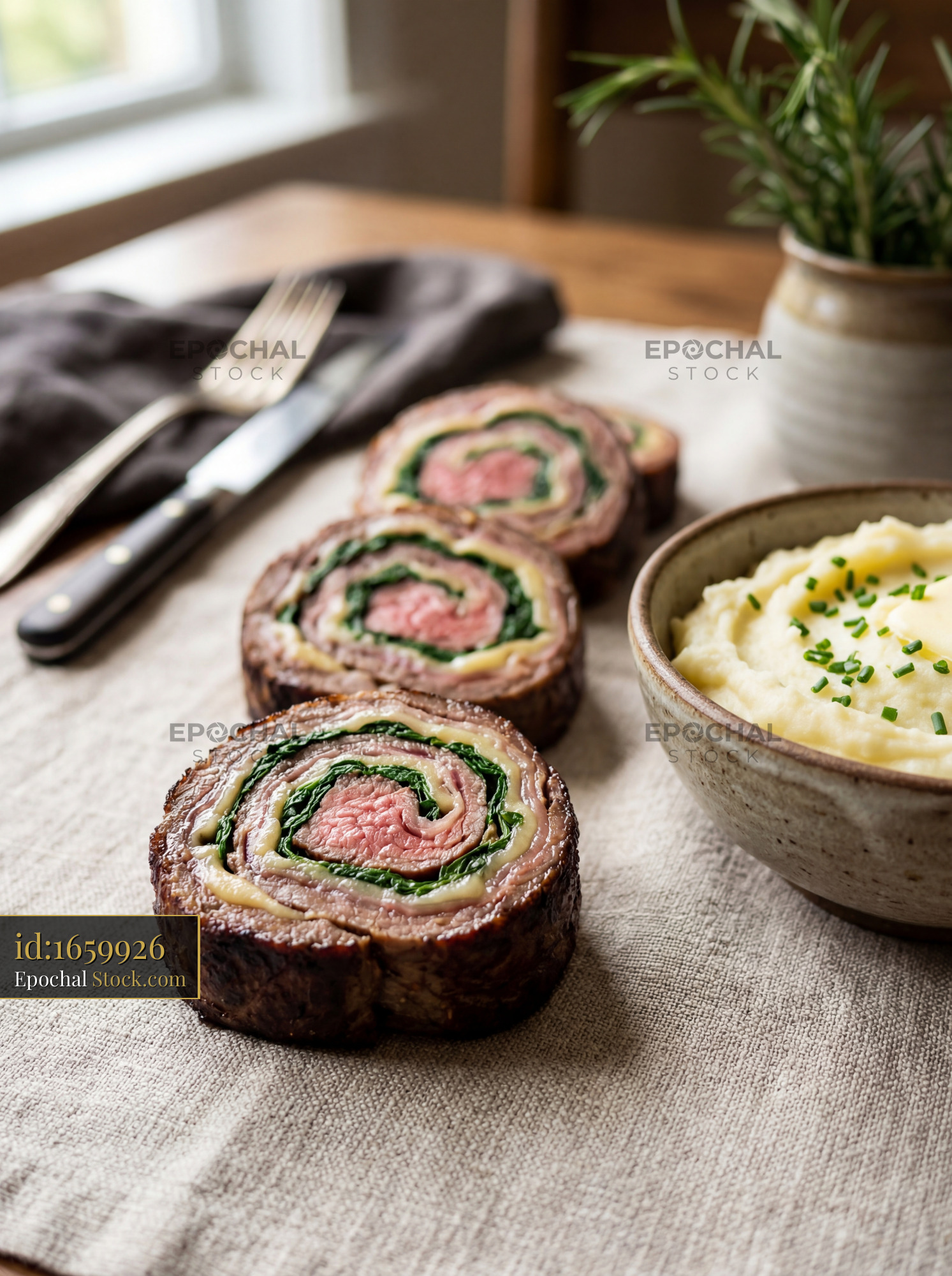 Beef Wellington Slices with Mashed Potatoes - stock photo