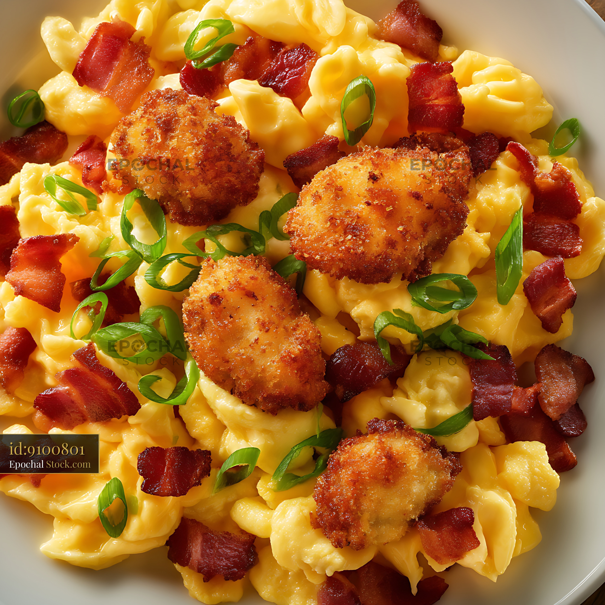 Crispy Shrimp Mac and Cheese with Bacon Bits - stock photo