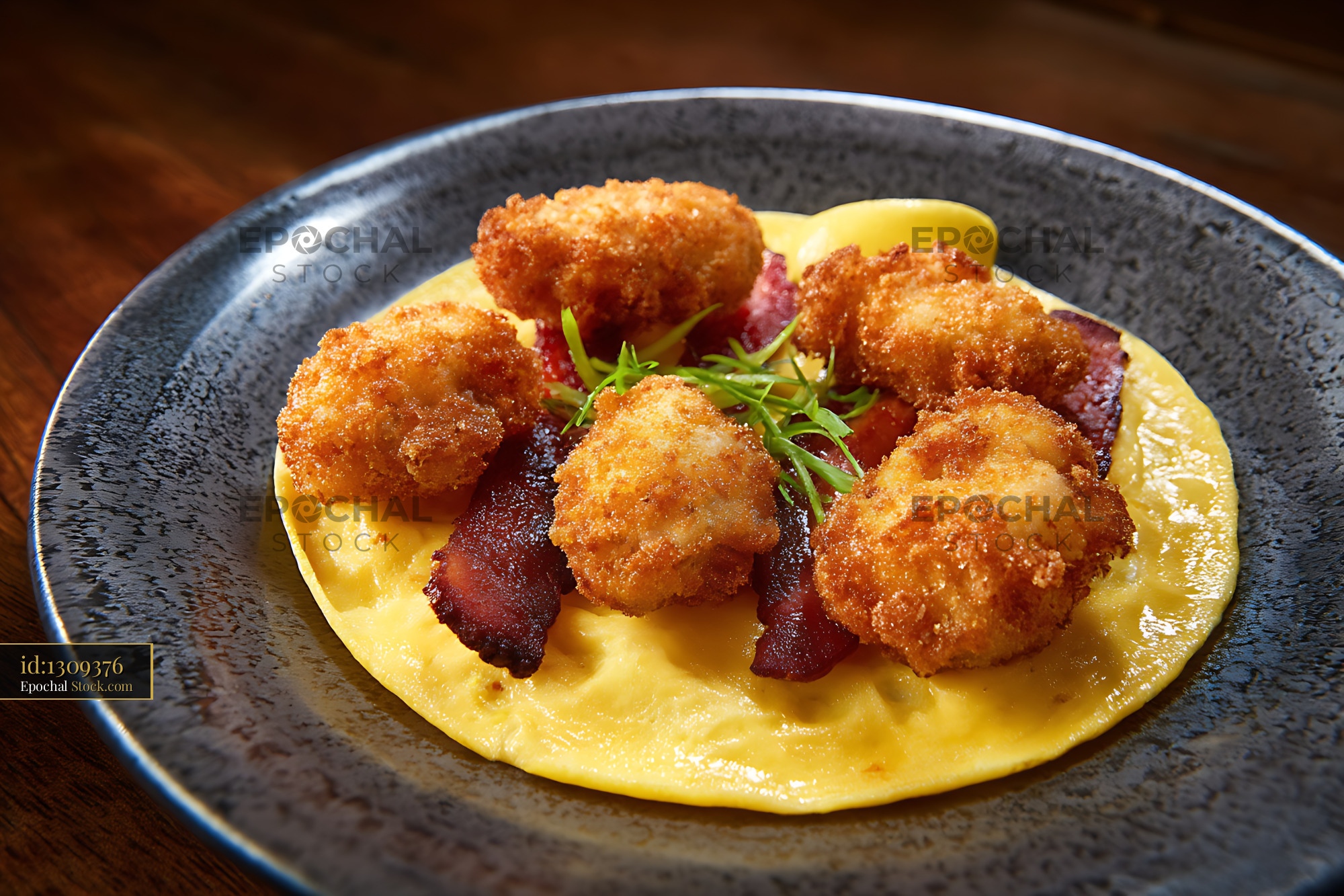 Fried Scallops with Corn Puree, Fine Dining - stock photo