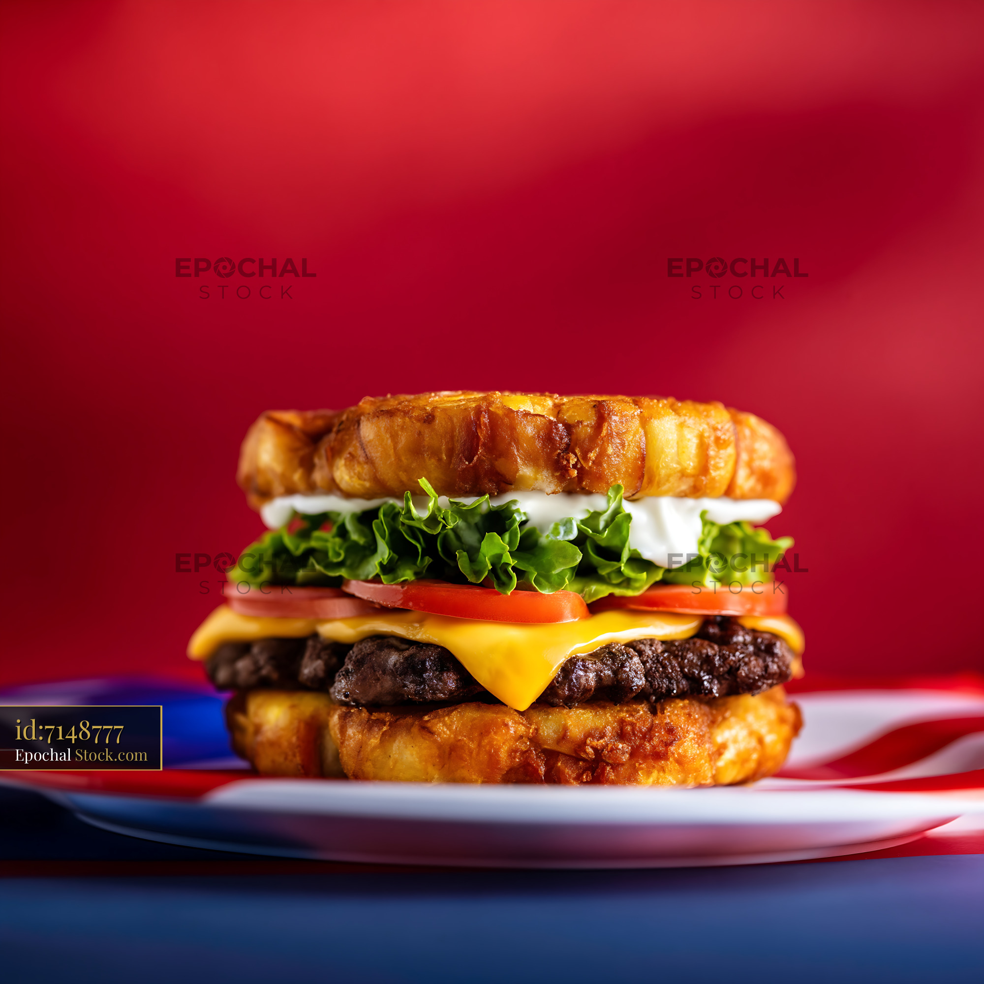 Gourmet Croissant Burger with Melted Cheese - stock photo