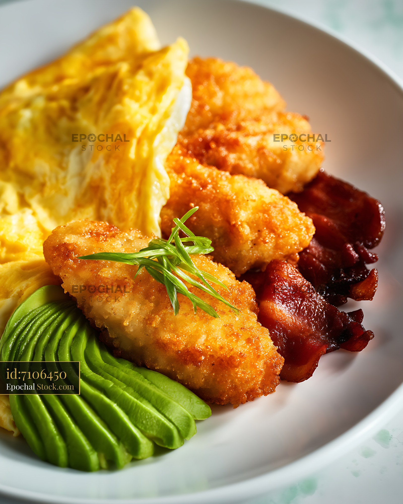 Fried Chicken Brunch Plate with Bacon and Avocado - stock photo