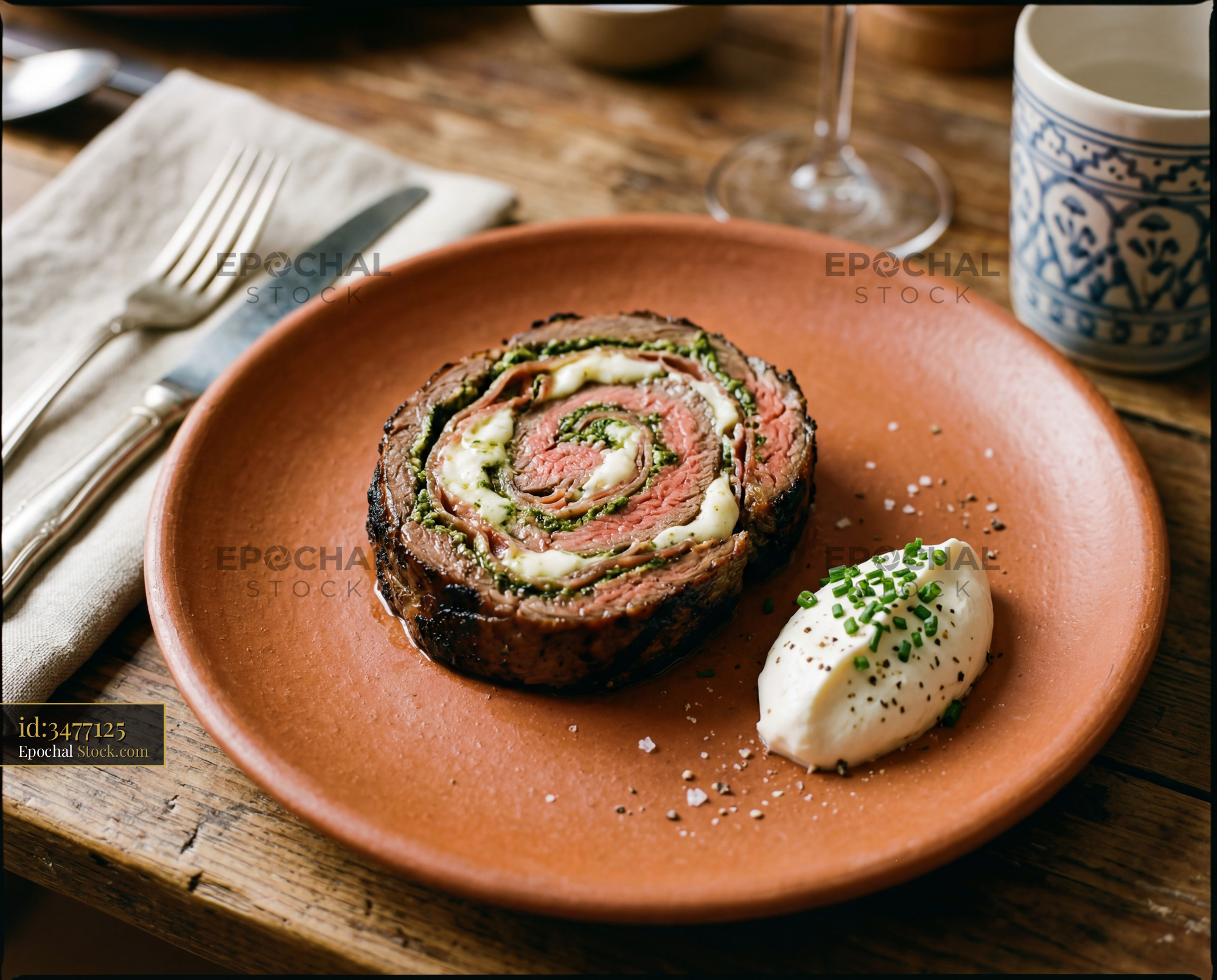 Beef Roulade with Herb Cream and Fresh Garnish - stock photo