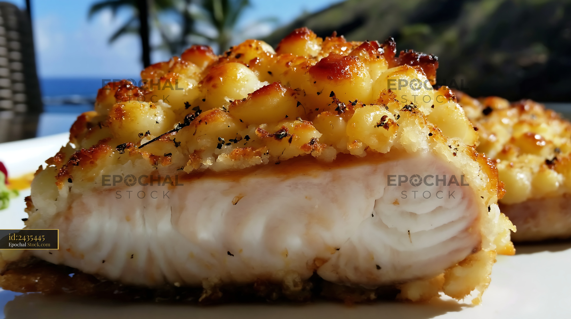Pan-Seared White Fish with Potato Scales Topping - stock photo