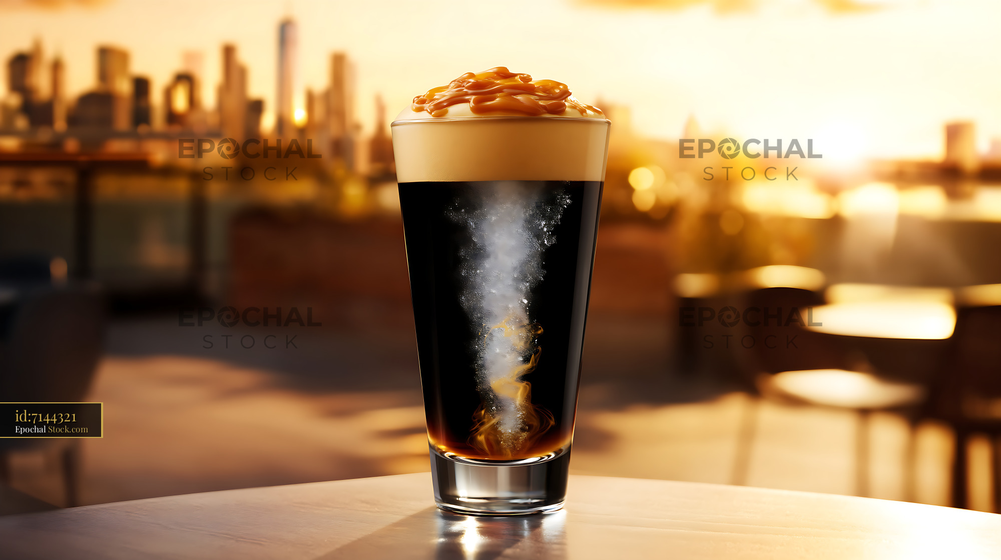Nitro Caramel Coffee with Foam at Golden Hour - stock photo