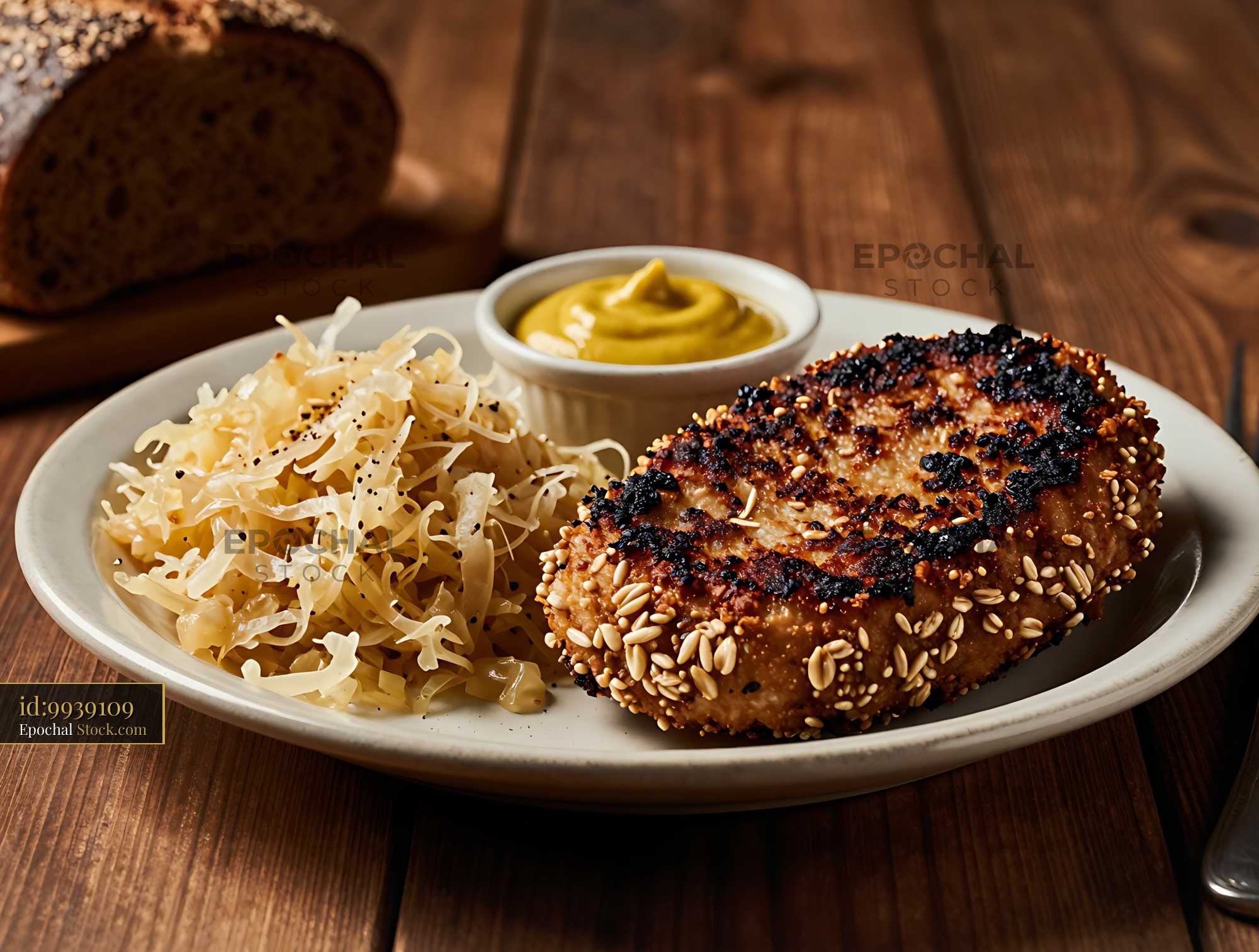 Sesame Burger with Coleslaw and Mustard - stock photo