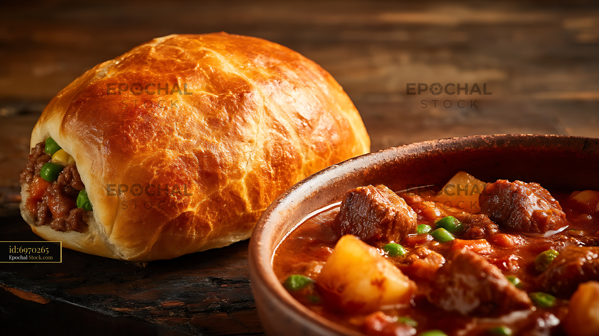Crusty Bread Roll with Rich Beef Stew - stock photo