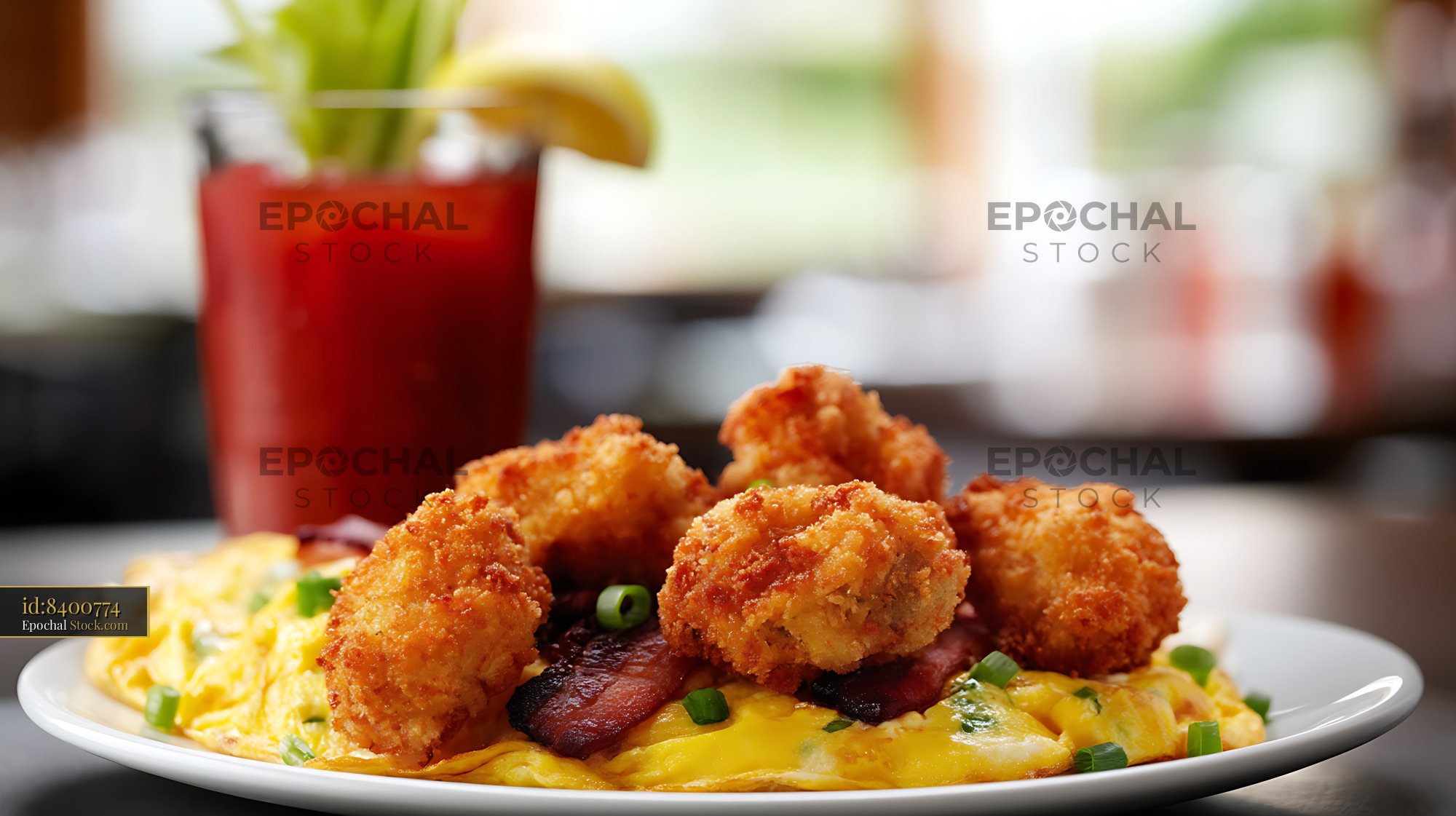 Shrimp Omelet Brunch Plate with Cocktail - stock photo