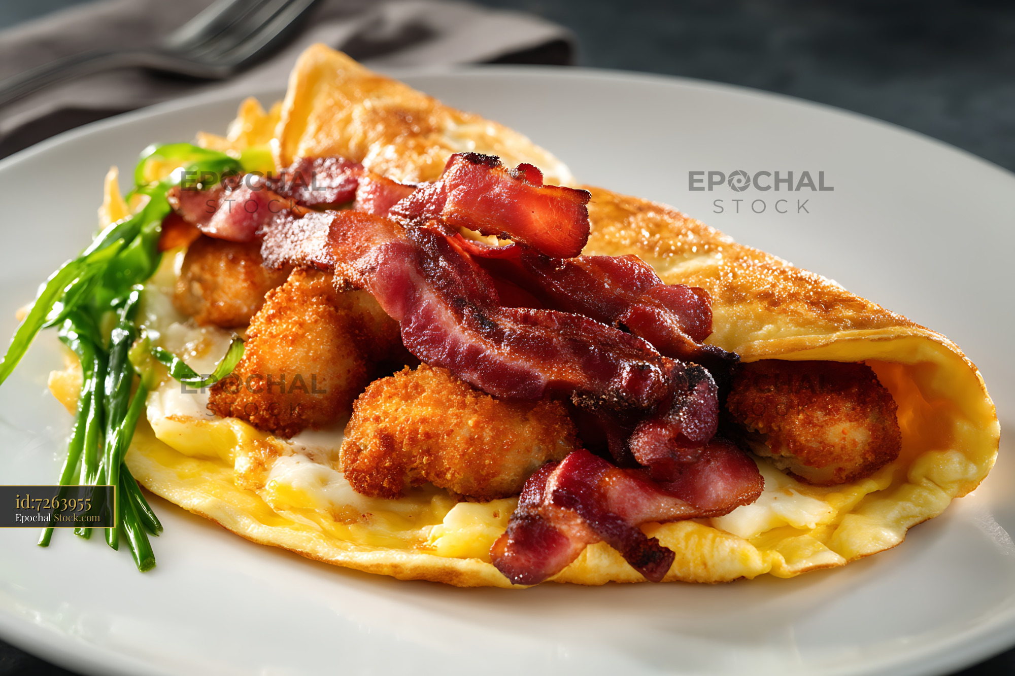 Crispy Shrimp Bacon Omelet Fine Dining Plate - stock photo