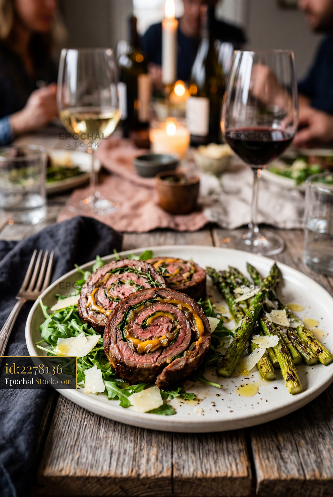 Beef Roulade Fine Dining with Wine and Guests - stock photo