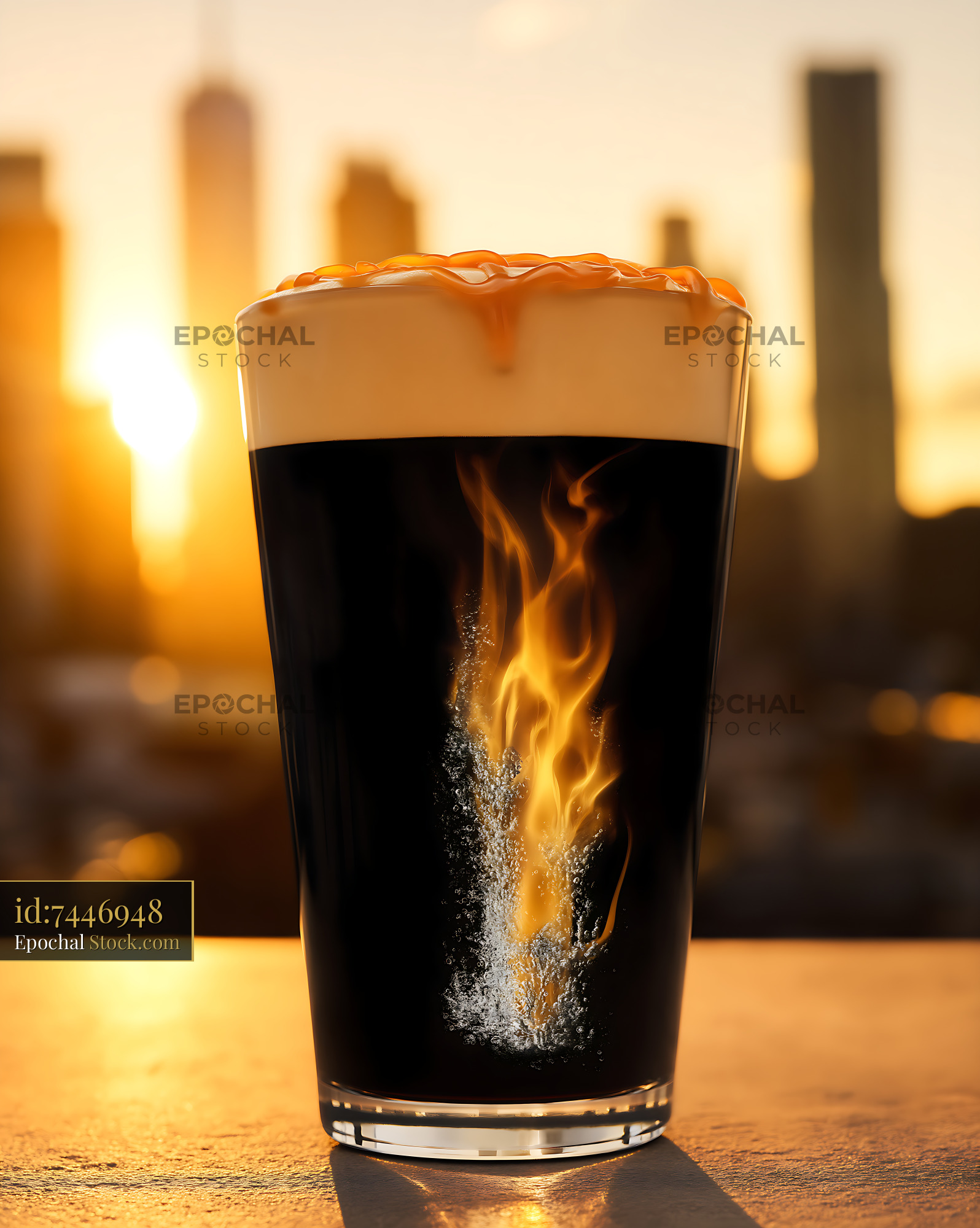 Nitro Caramel Coffee Urban Sunset Skyline - stock photo