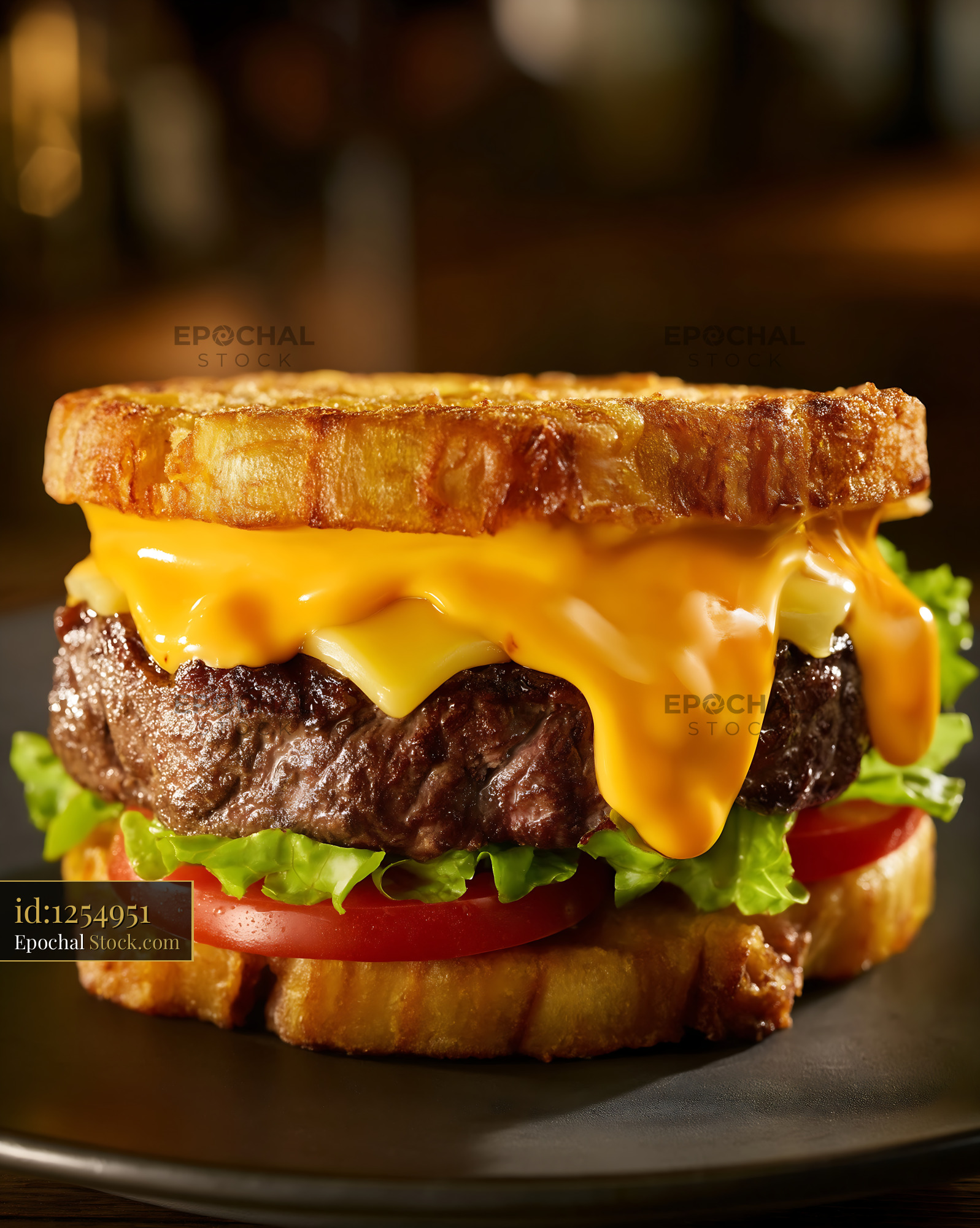 Gourmet Cheeseburger with Melted Cheese and Vegetables - stock photo
