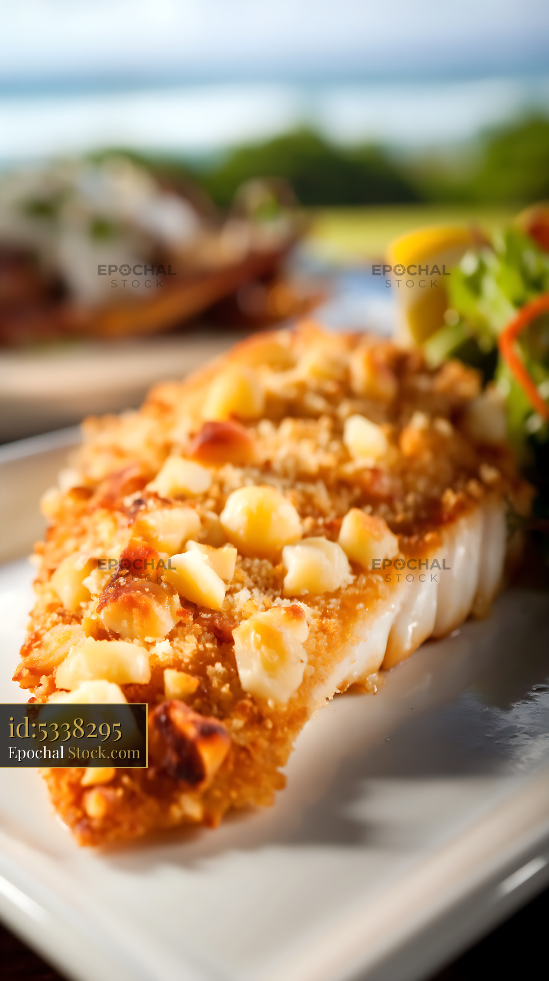 Almond-Crusted Fish Fillet Fine Dining Outdoors - stock photo