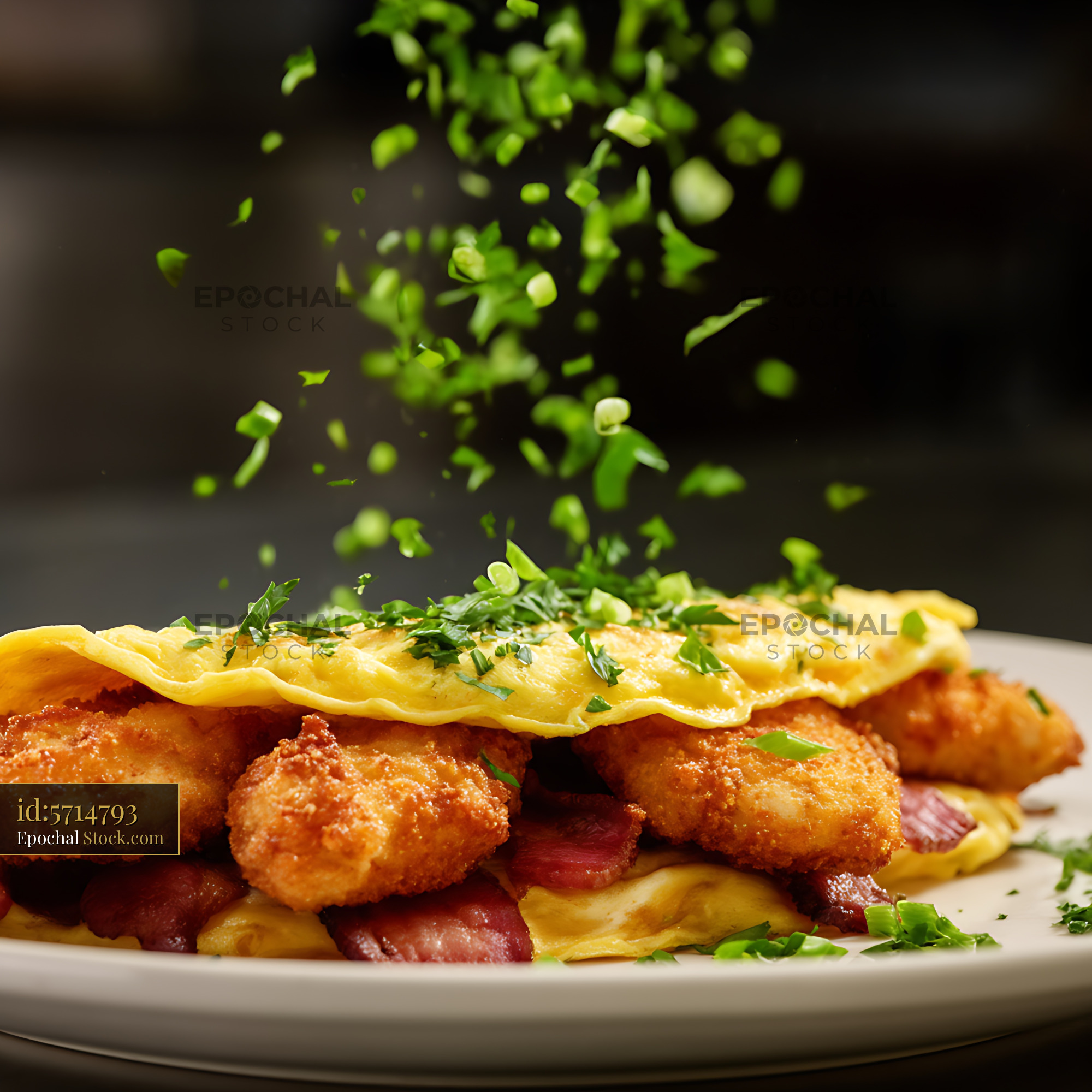 Gourmet Fried Shrimp with Bacon and Fresh Herbs - stock photo