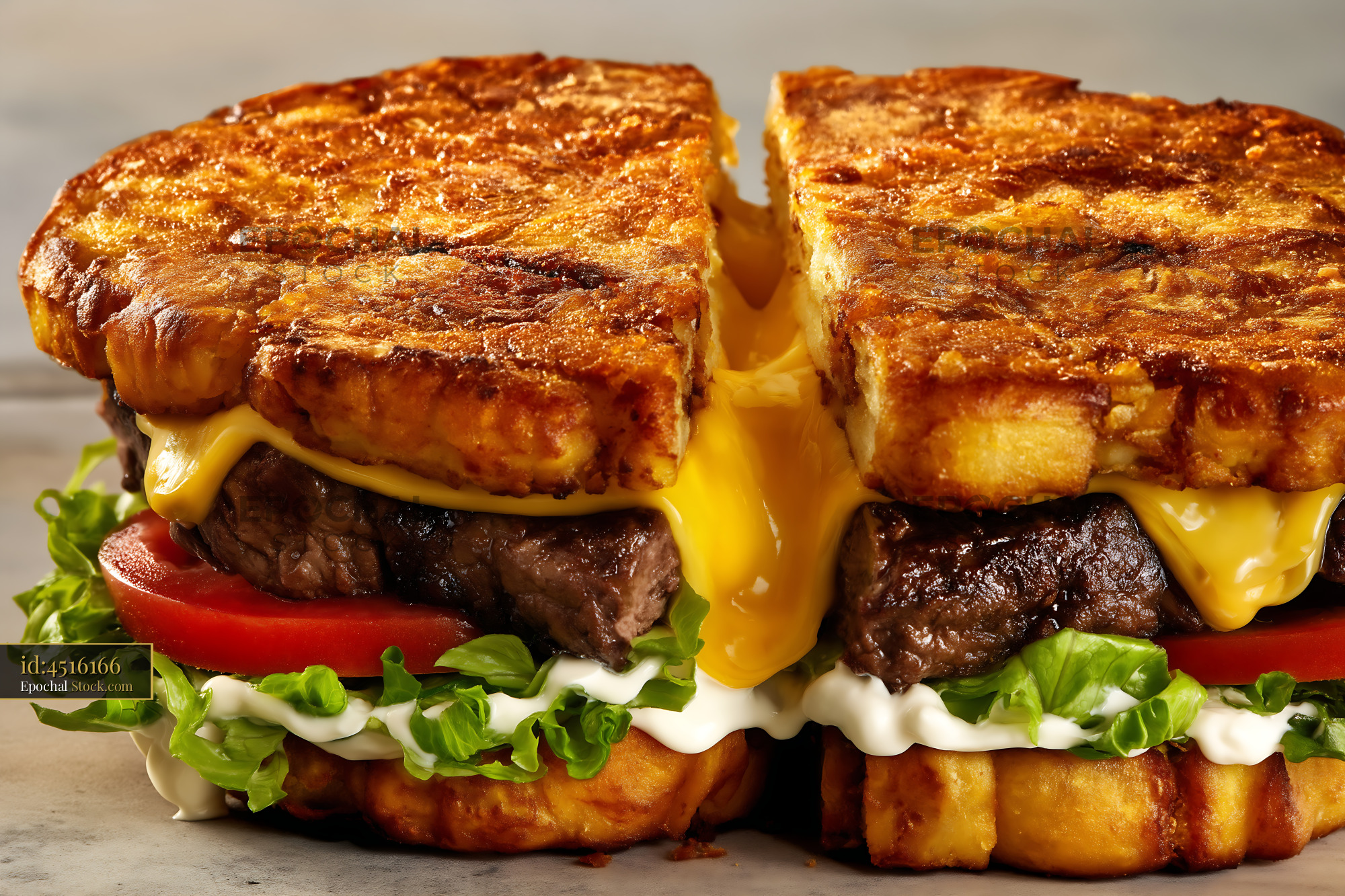 Jibarito Burger with Melted Cheese and Fresh Vegetables on Gray Background - stock photo