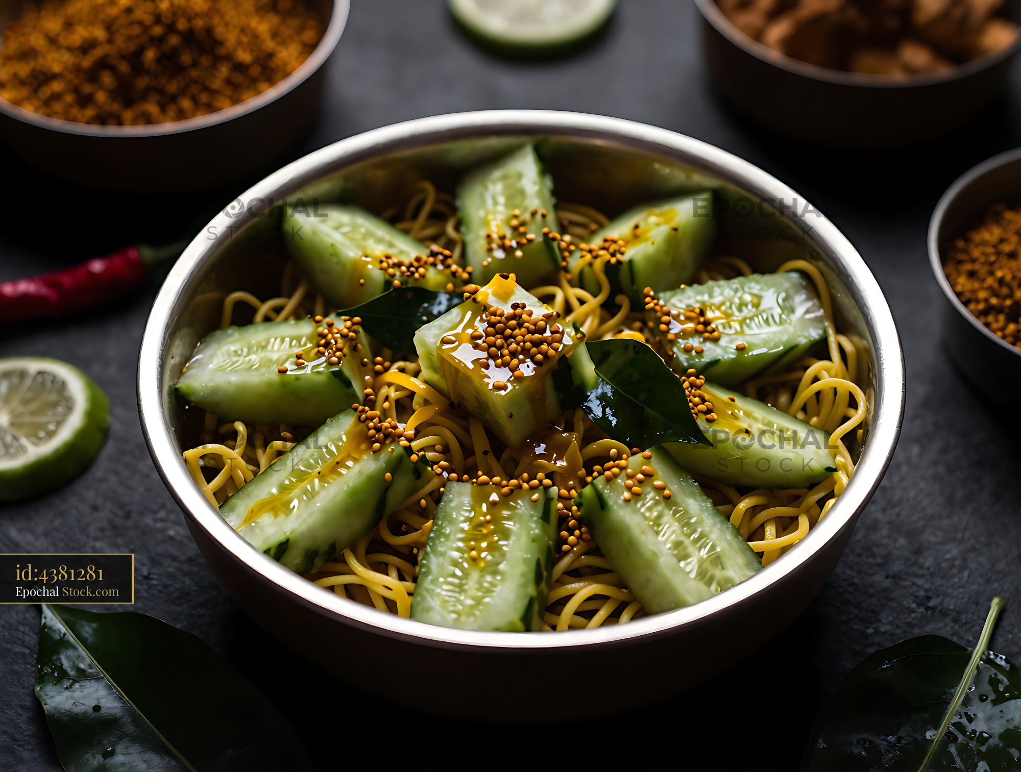 Kakdi Koshimbir with Yellow Noodles & Sesame - stock photo