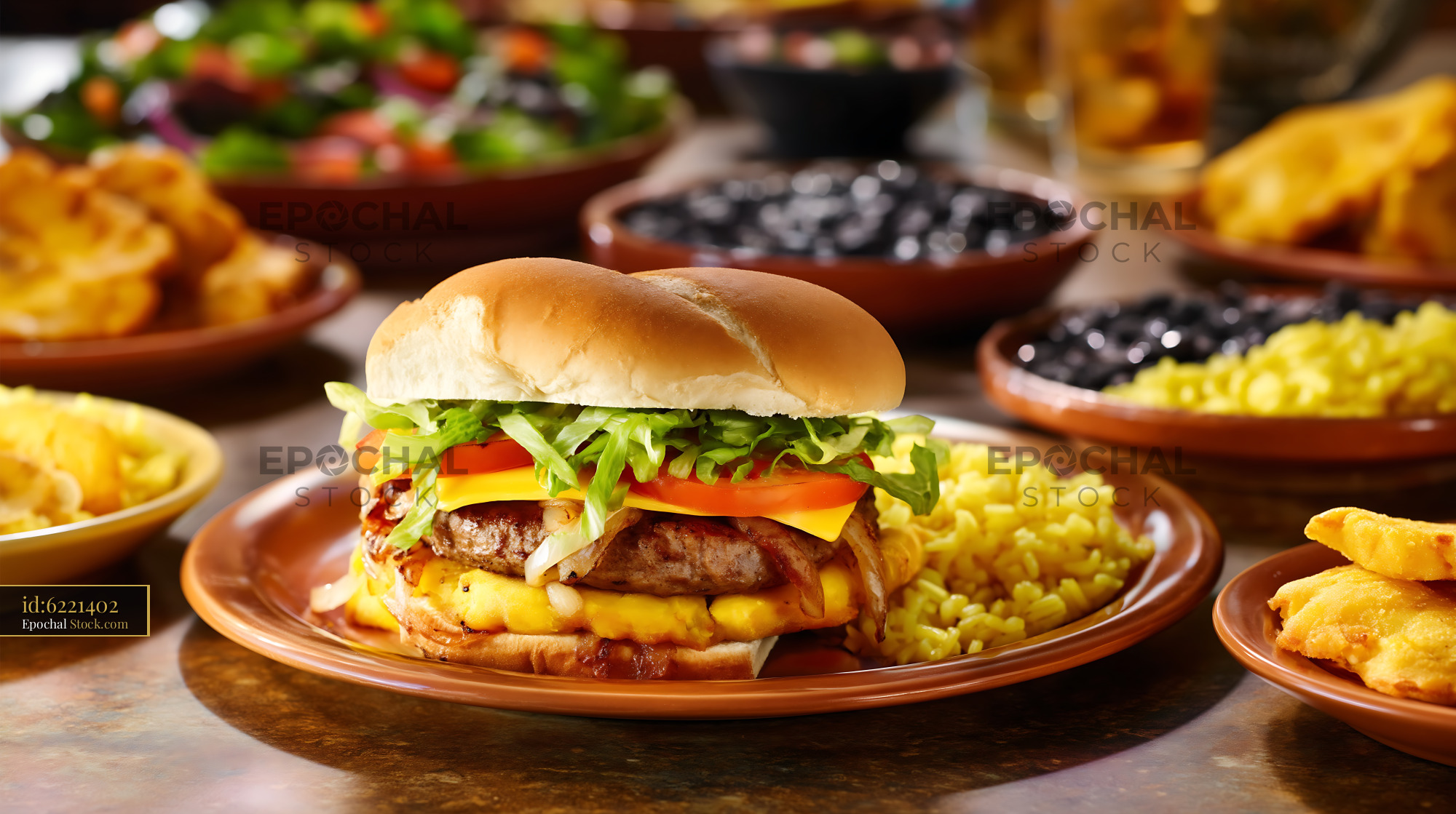 Juicy Double Beef Burger with Cheese and Fries - stock photo
