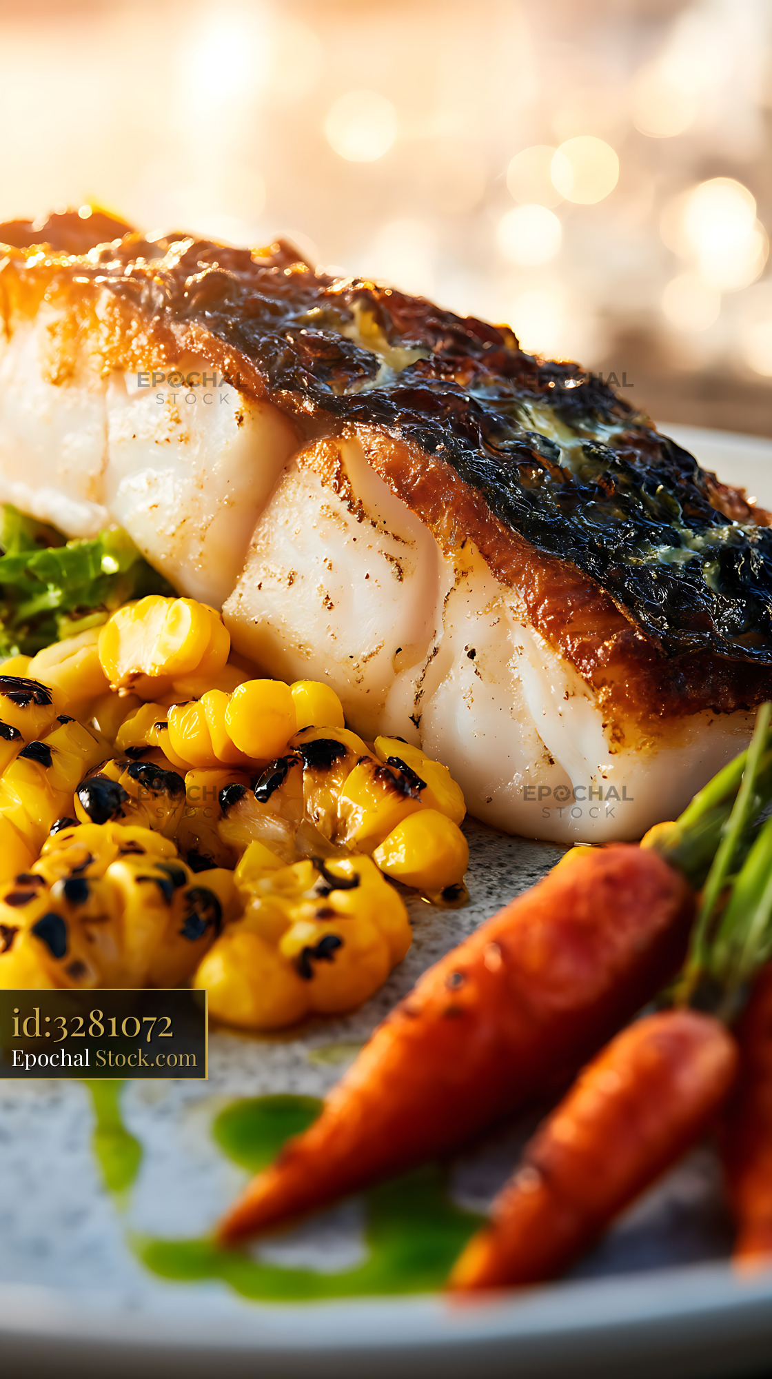 Seared Murray Cod Fillet with Charred Corn - stock photo