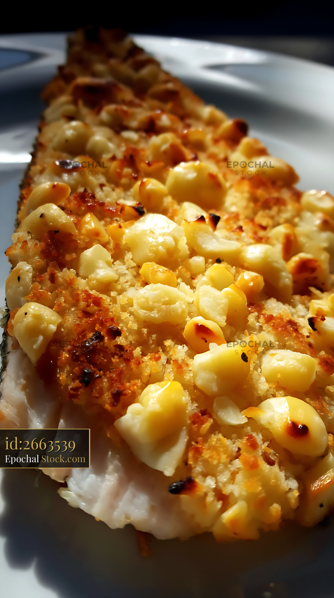 Pan-Seared Scallop with Golden Corn Crust - stock photo