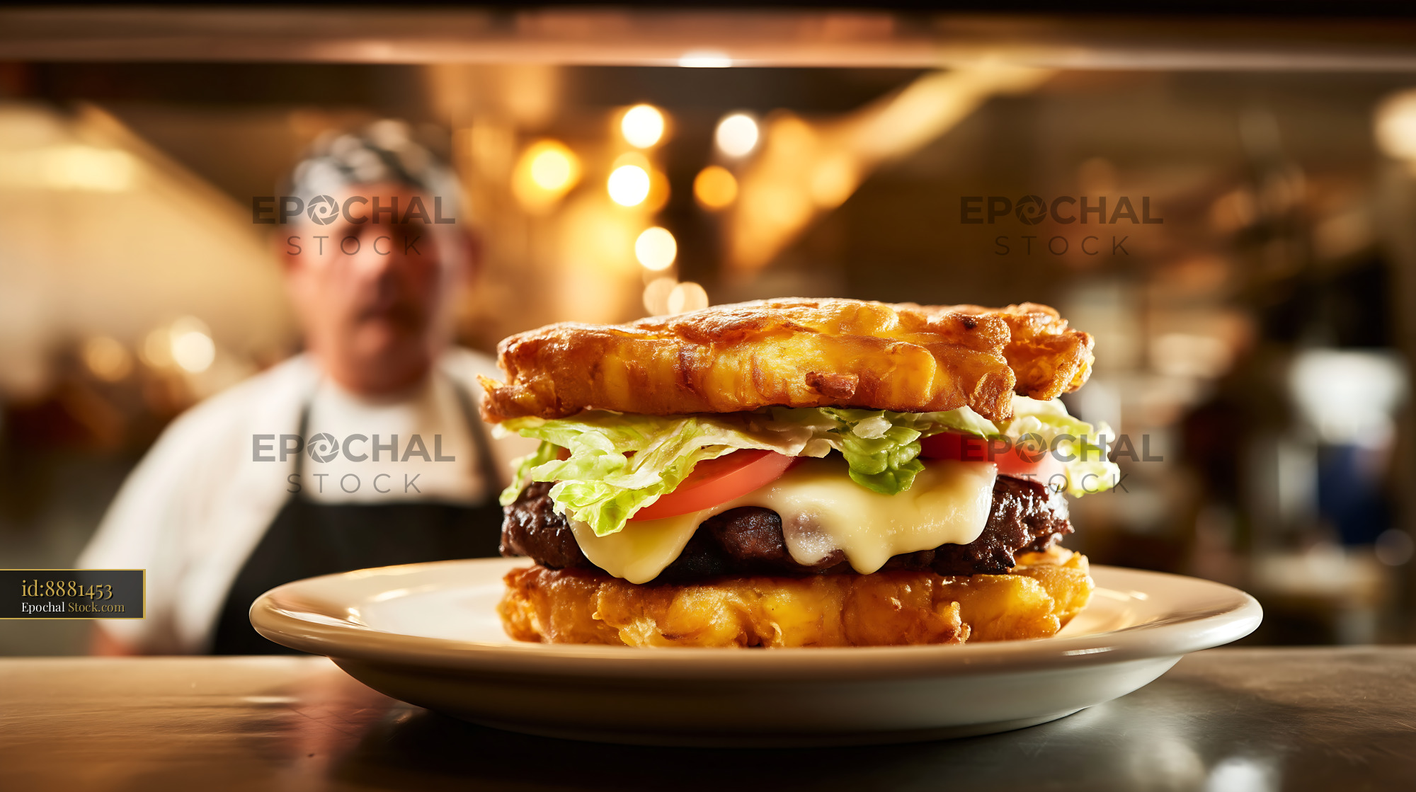 Jibarito Burger with Melted Cheese and Fresh Greens in Modern Restaurant Kitchen - stock photo