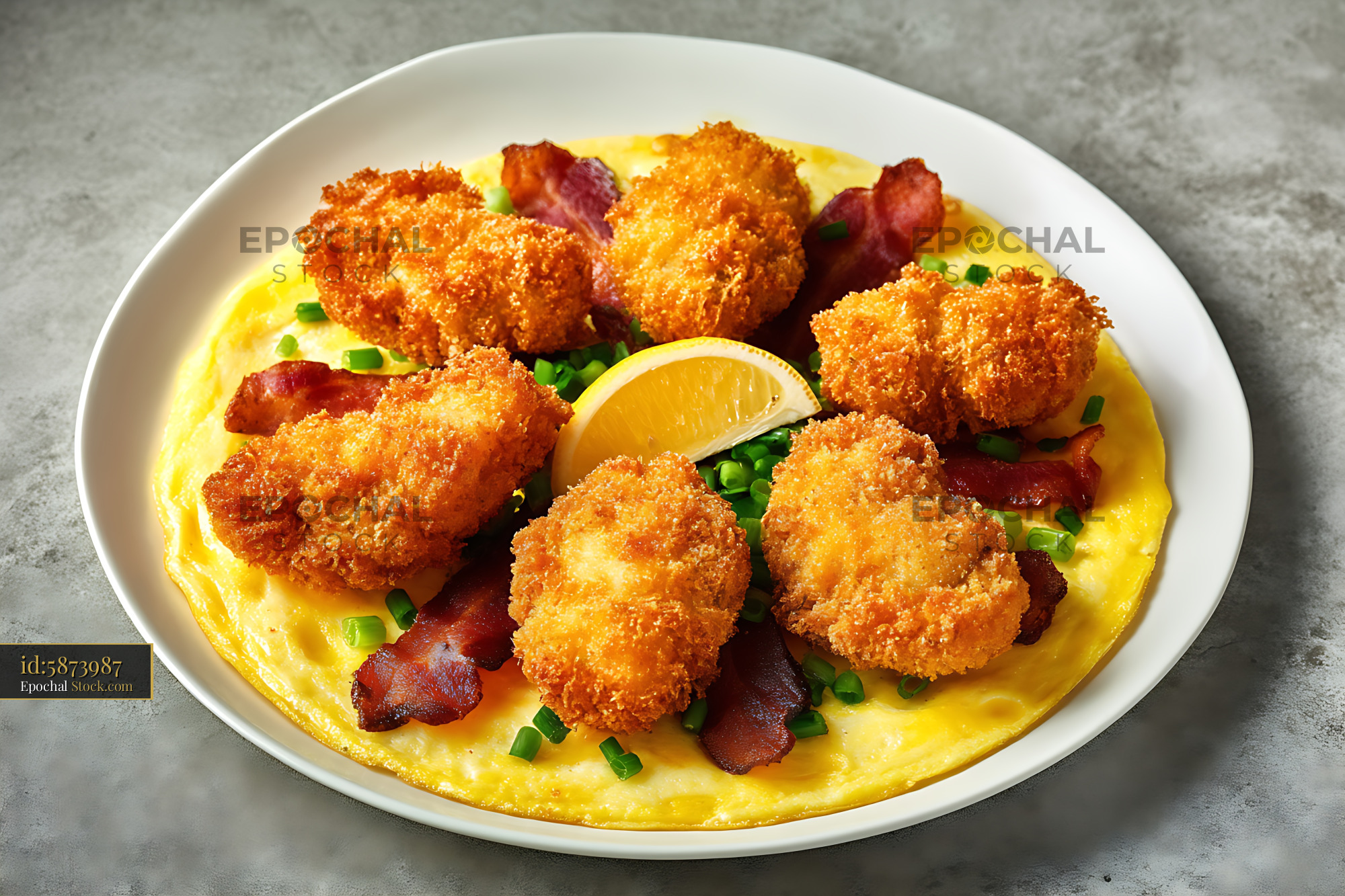 Crispy Fried Shrimp with Bacon on Creamy Sauce - stock photo