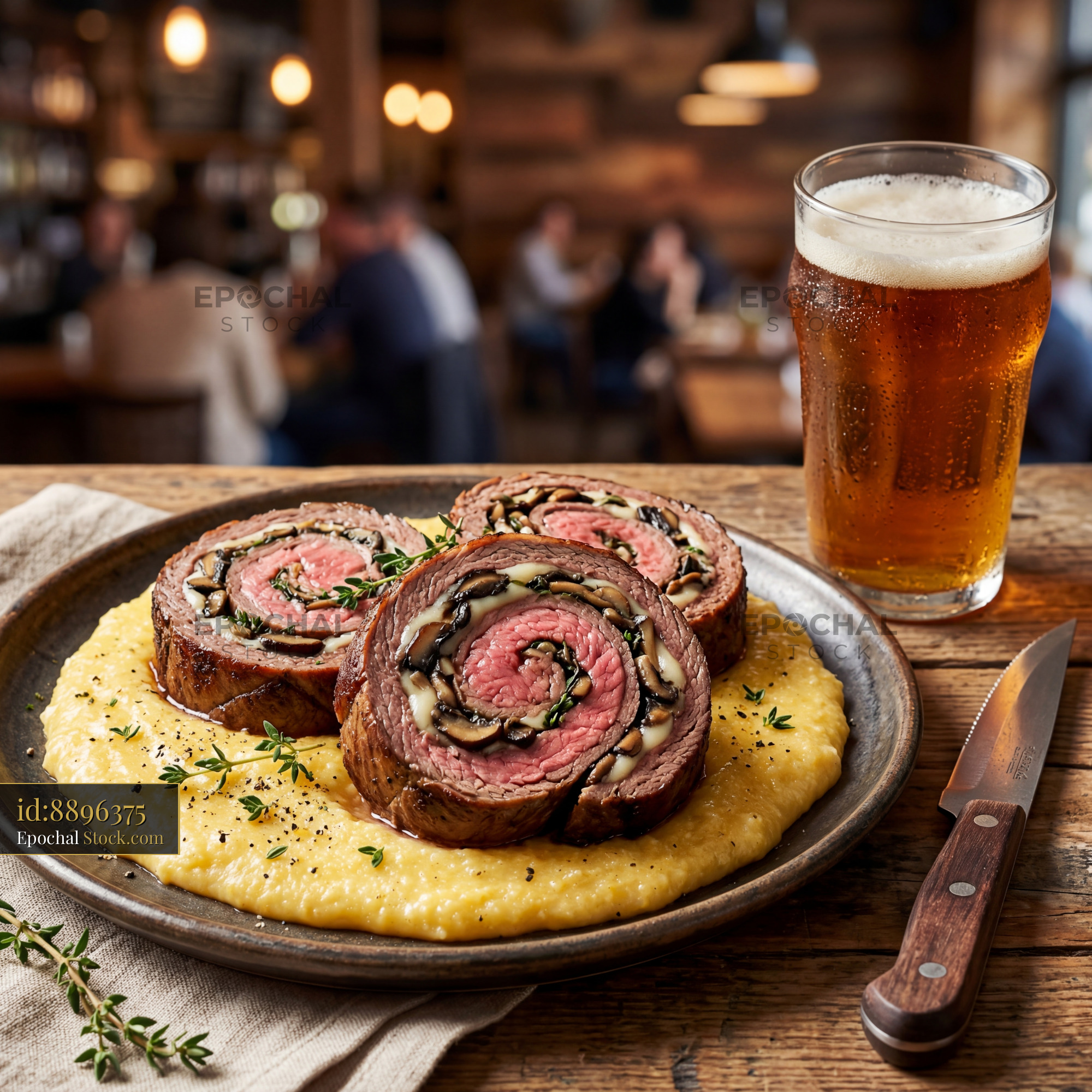 Beef Roulade with Creamed Polenta and Beer - stock photo