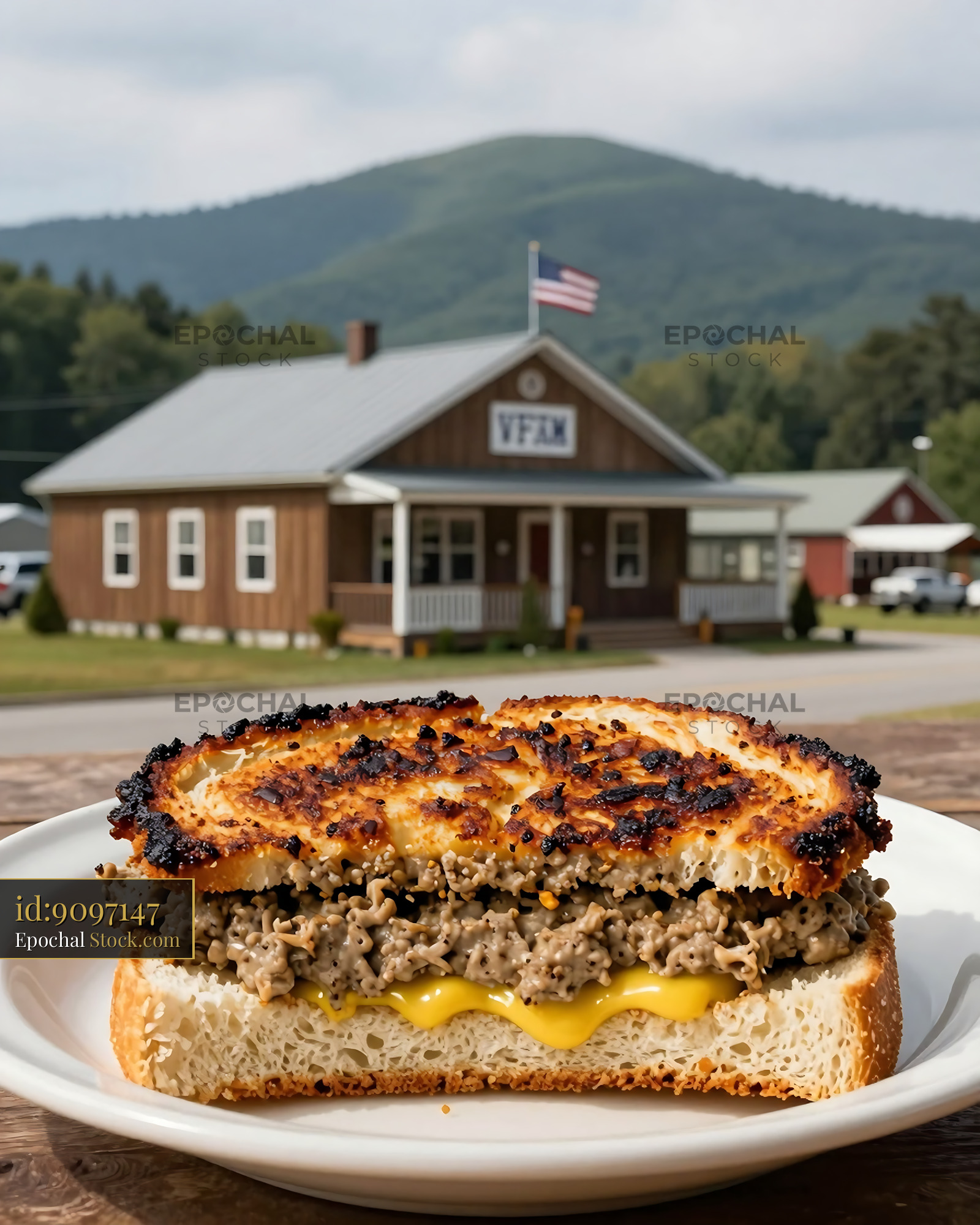 Livermush Sandwich with Melted Cheese & Mountain View - stock photo