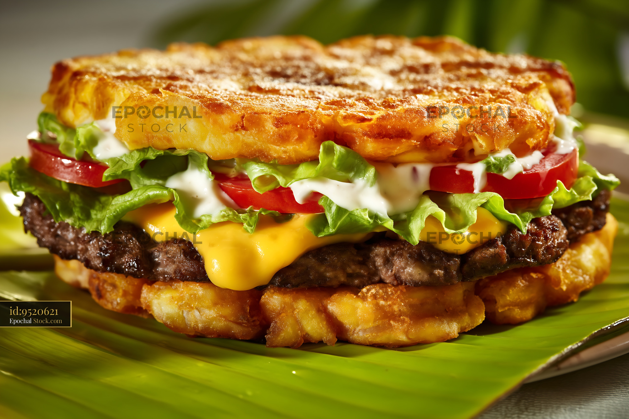 Gourmet Hash Brown Burger with Cheese and Toppings - stock photo