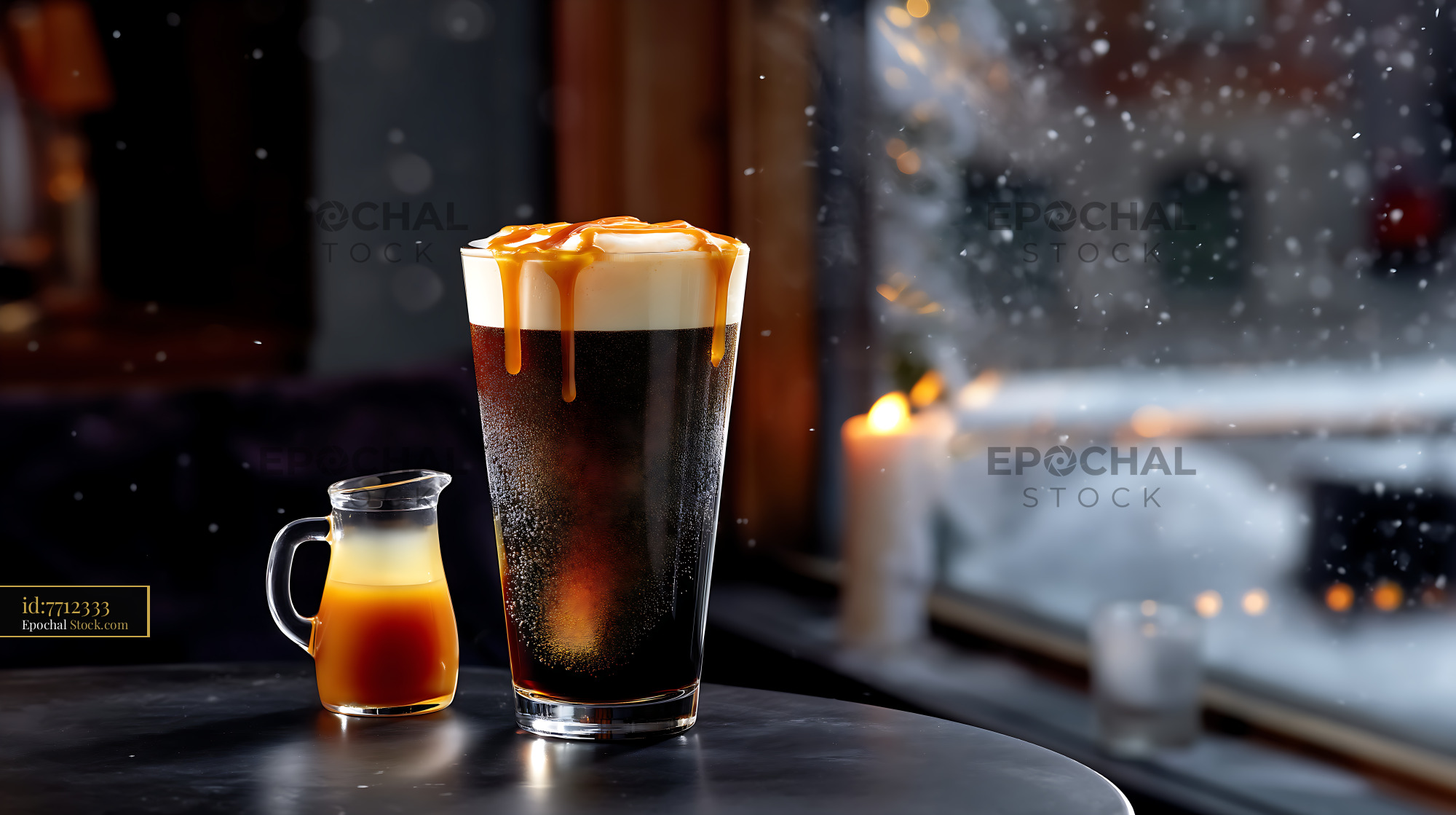 Nitro Caramel Coffee with Cream on Winter Windowsill - stock photo