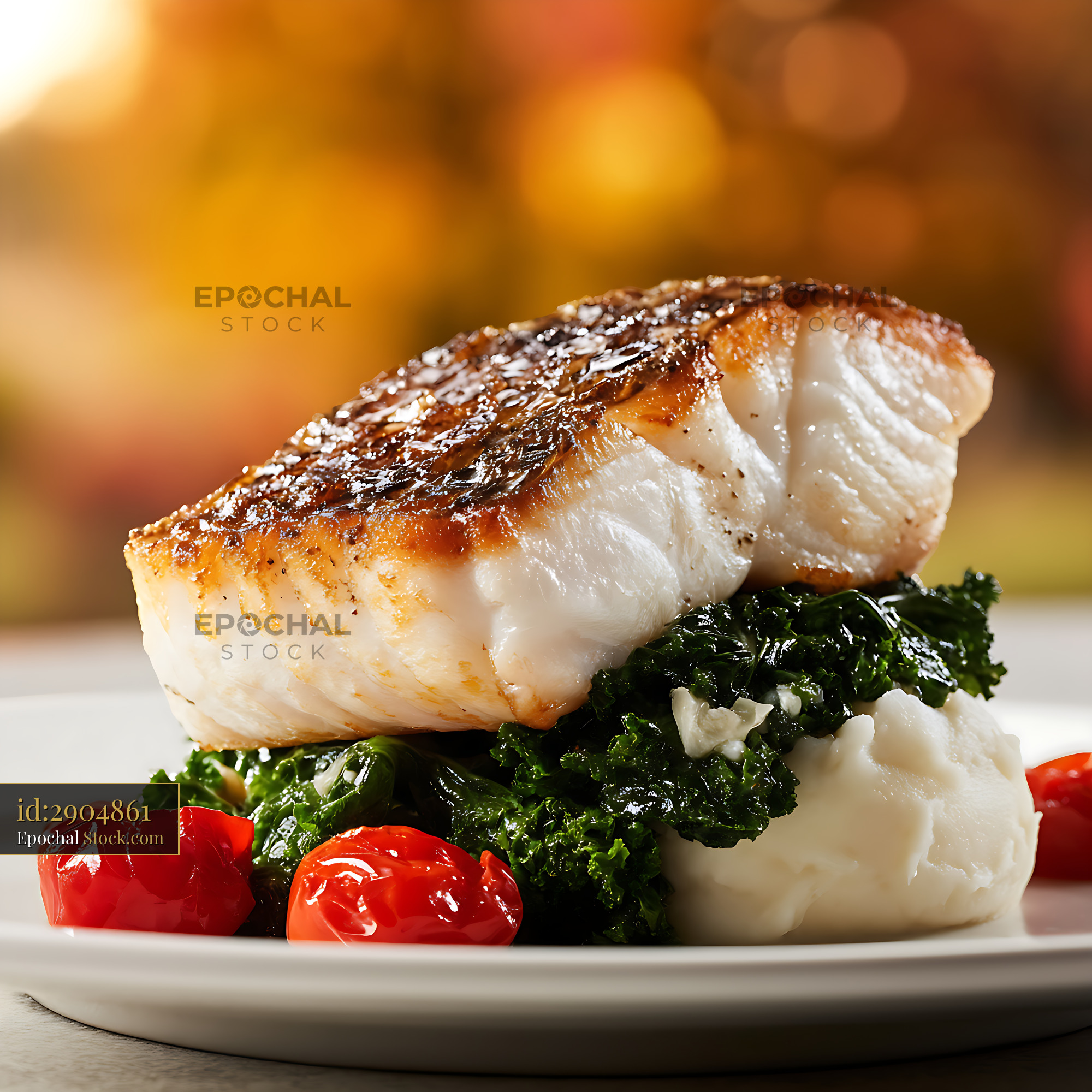 Murray Cod Fillet with Creamed Potato and Kale - stock photo
