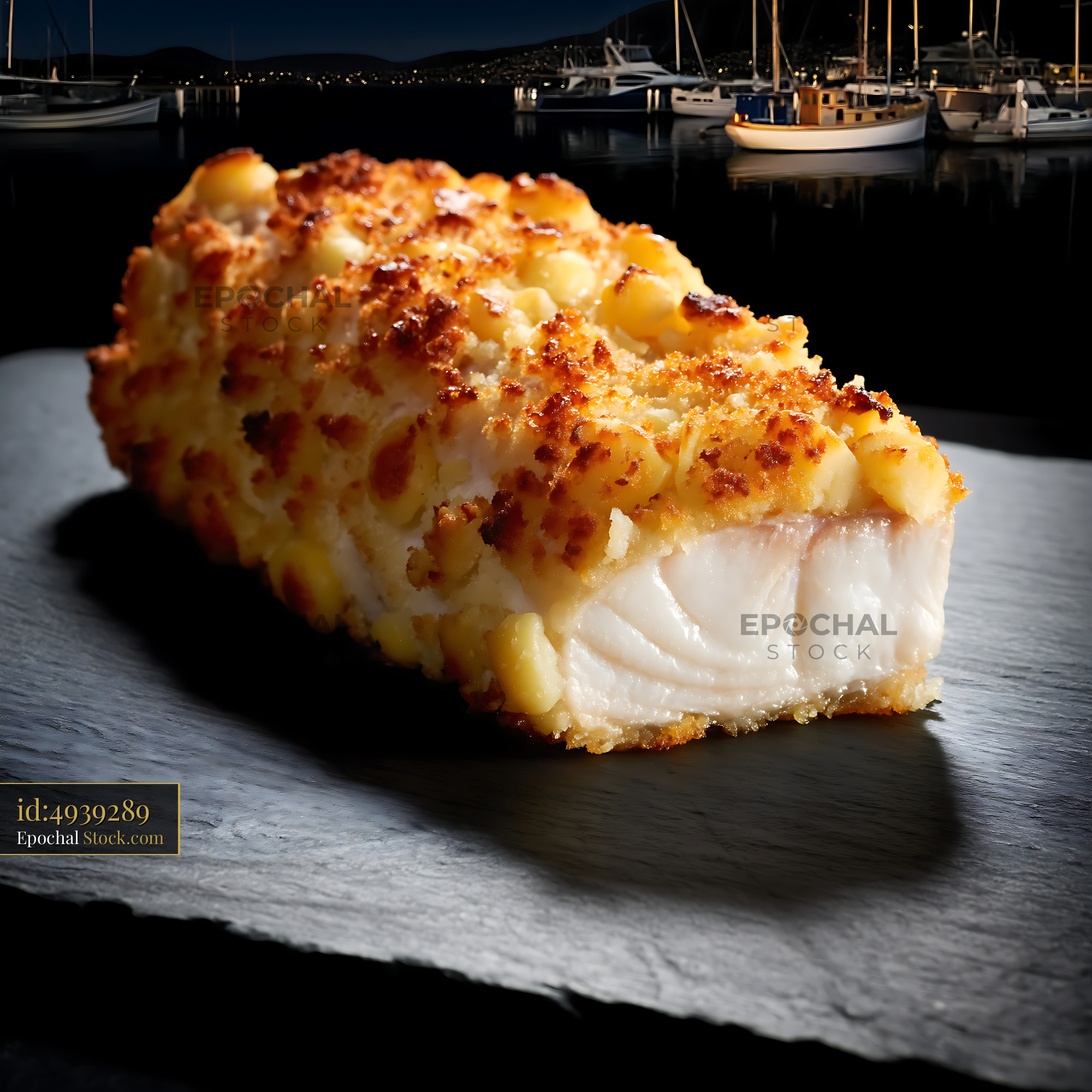 Macadamia Crusted Fish with Harbor View - stock photo