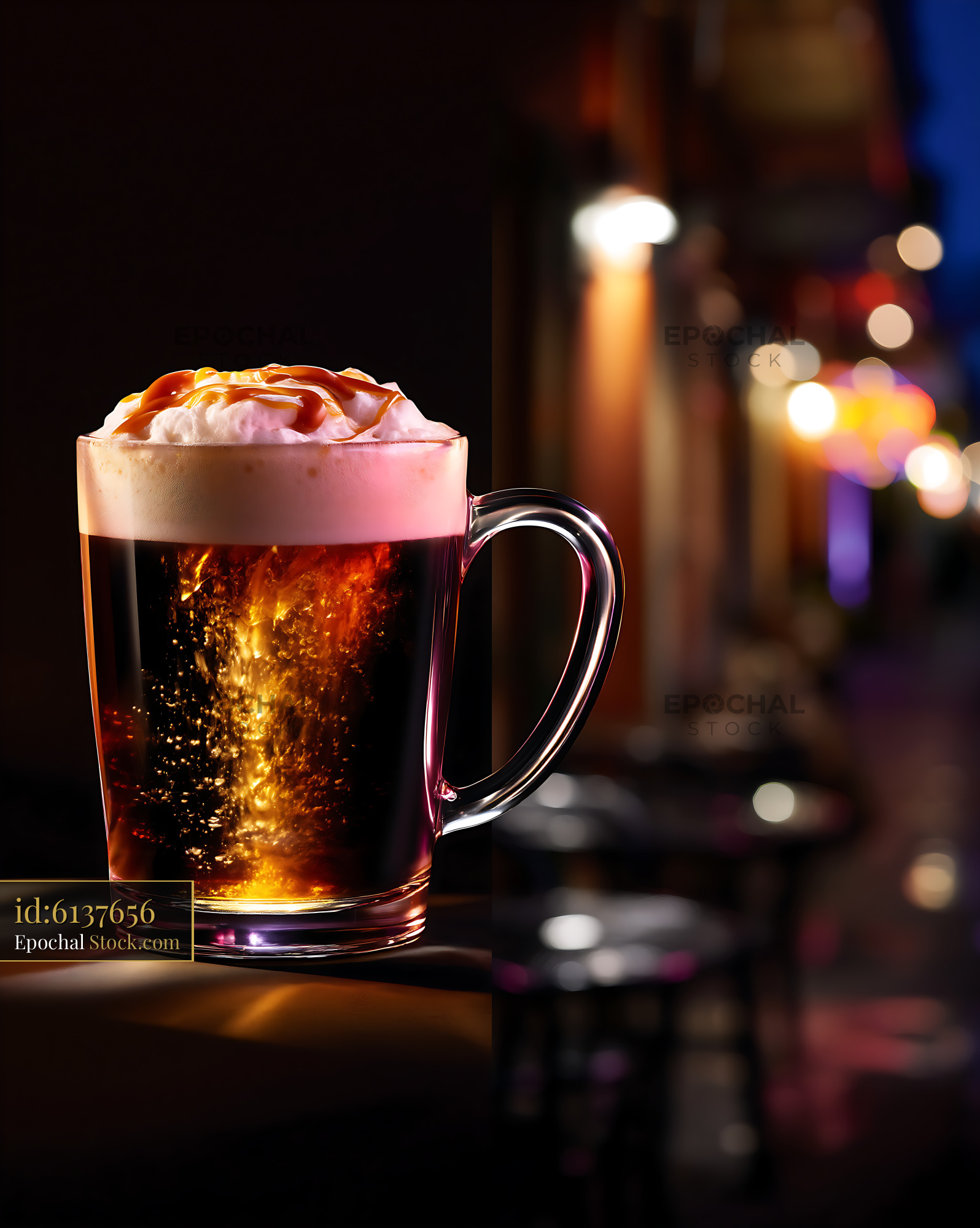 Nitro Caramel Coffee with Foam and Bokeh Background - stock photo