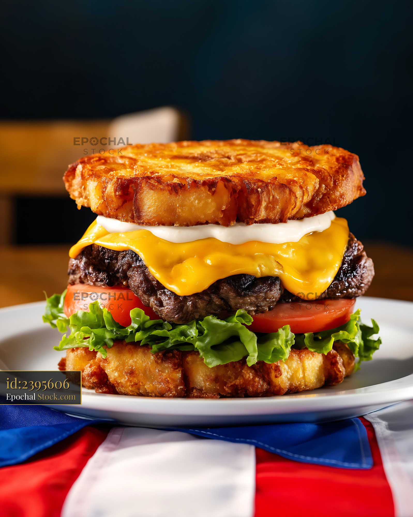 Gourmet Hash Brown Bun Burger with Melted Cheese - stock photo