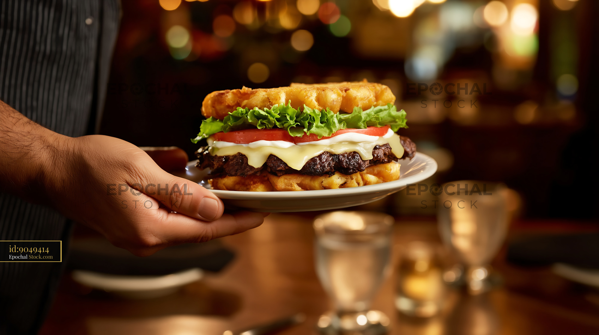 Gourmet Cheeseburger With Fries Served at Restaurant - stock photo