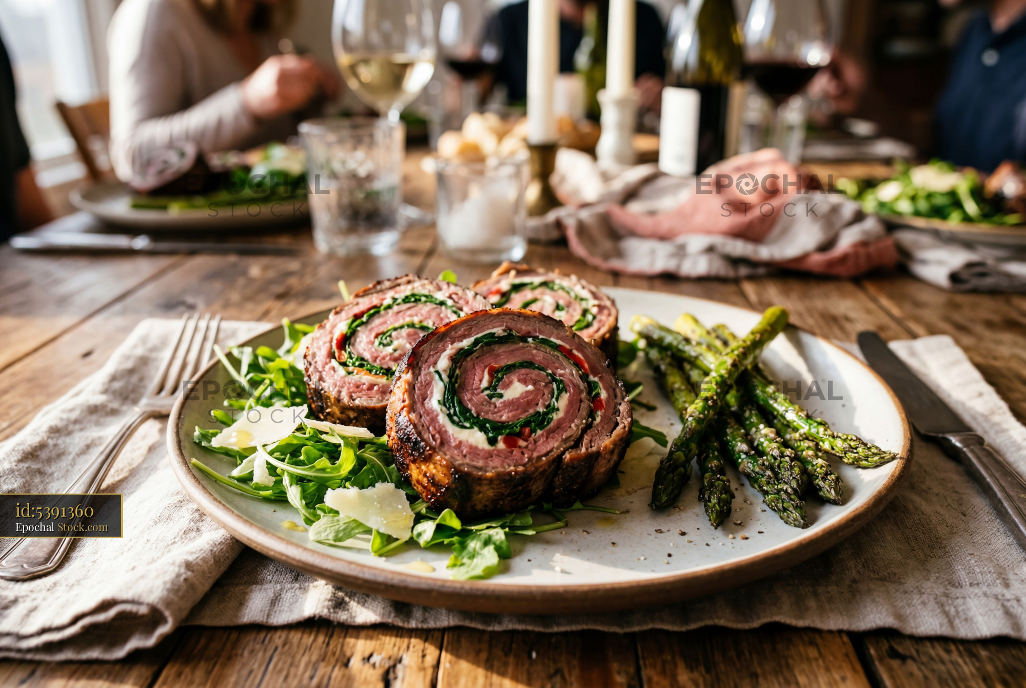 Beef Roulade Dinner Plate with Roasted Asparagus - stock photo
