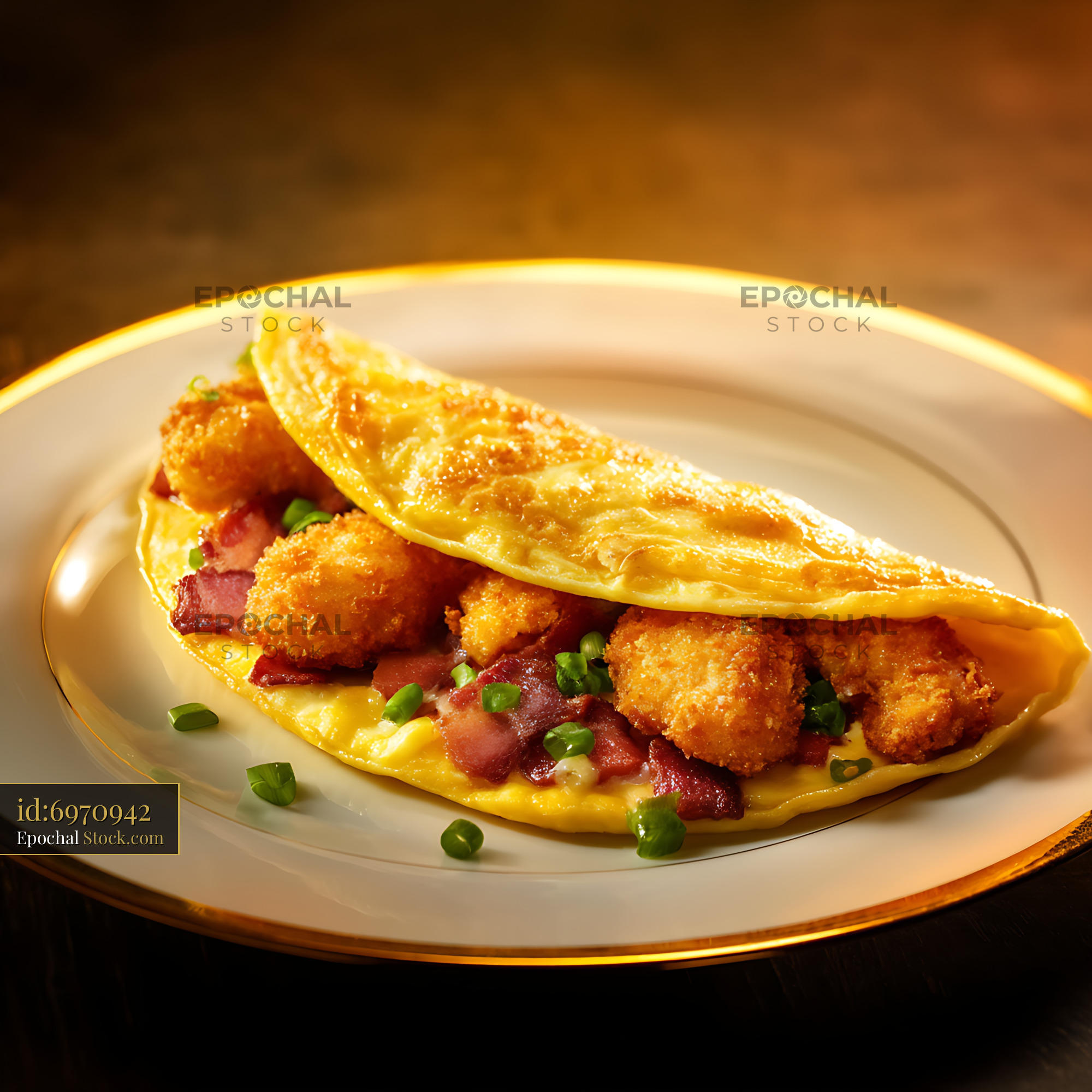 Shrimp Omelette with Crispy Bacon and Scallions - stock photo