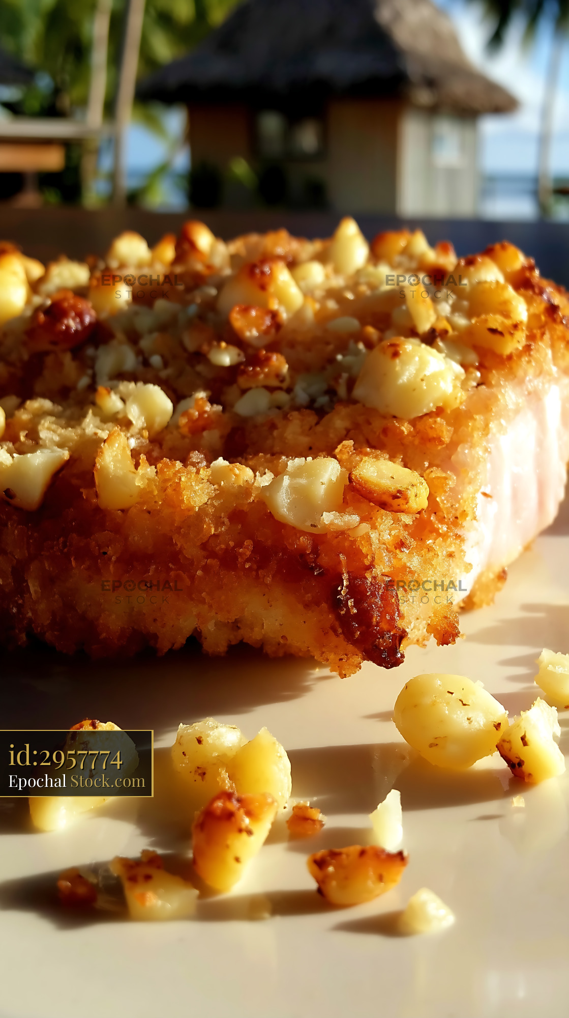 Golden Crab Cakes with Corn Garnish, Beachside - stock photo