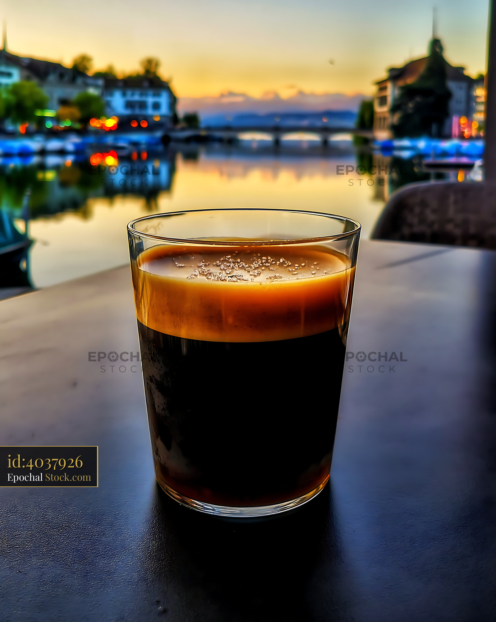 Nitro Caramel Coffee at Golden Hour Waterfront - stock photo