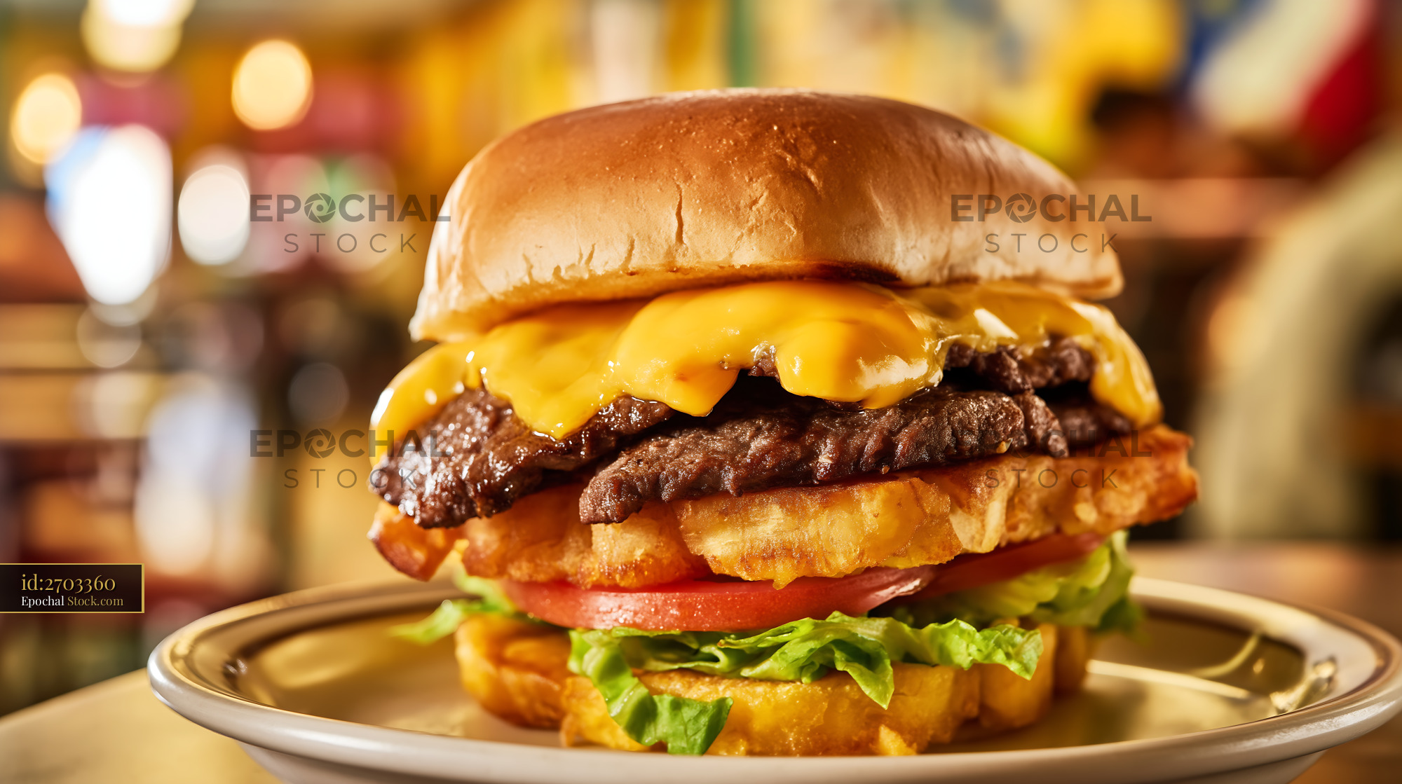 Premium Cheeseburger with Waffle Fries Plated - stock photo