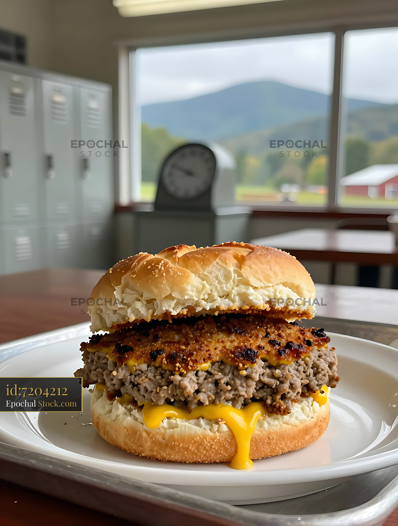 Gourmet Beef Burger Melted Cheese Mountain View - stock photo