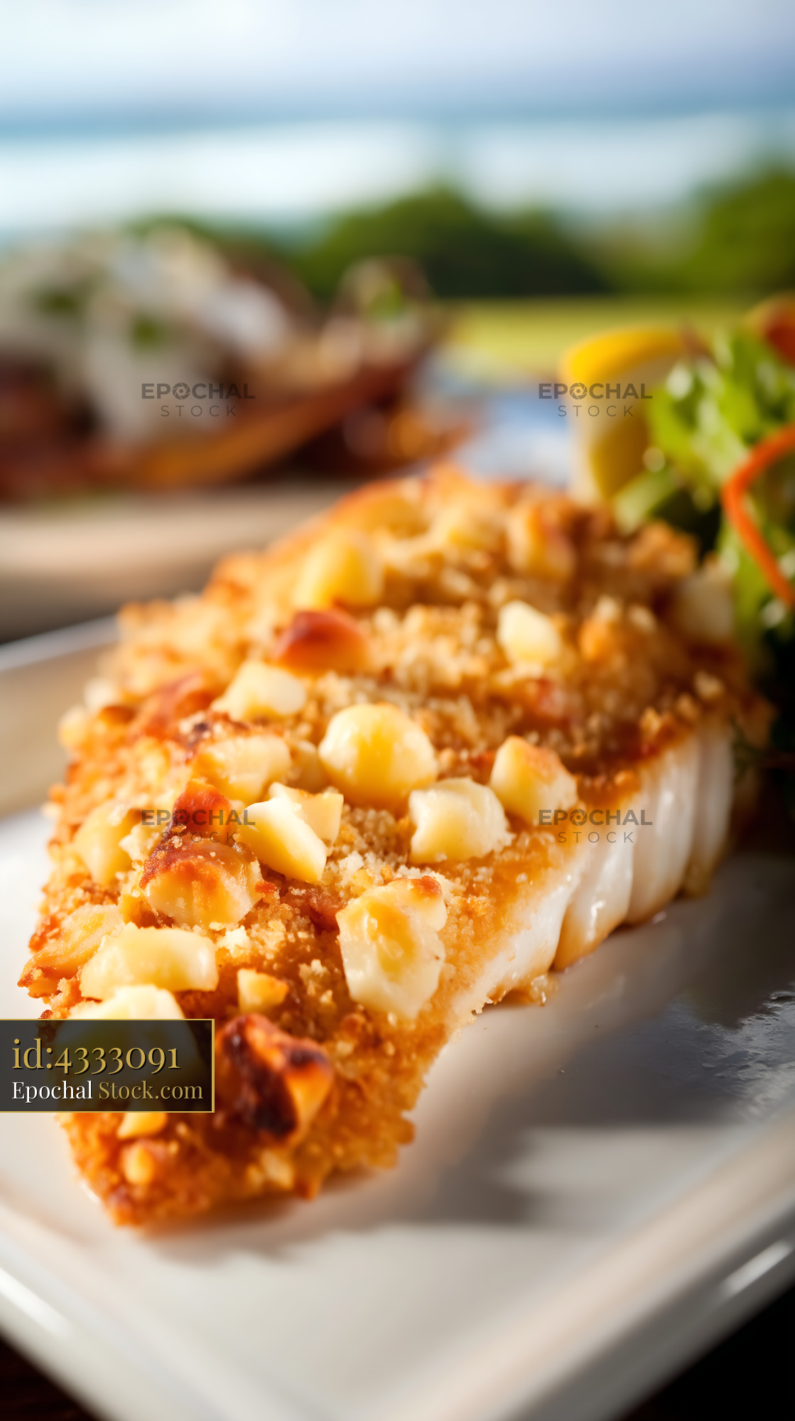 Crispy Fish Fillet with Gourmet Seafood Garnish - stock photo