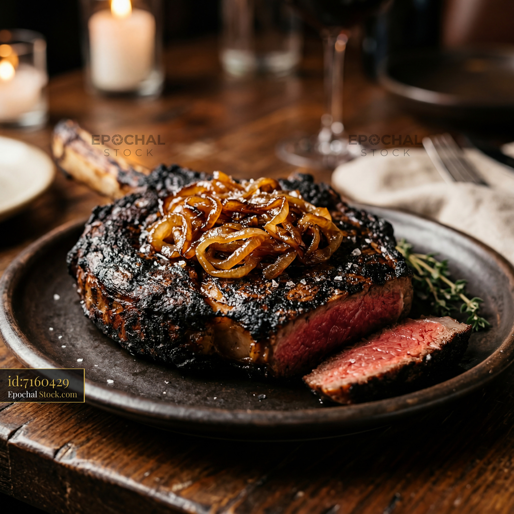 Prime Steak with Caramelized Onions, Elegant Dinner - stock photo