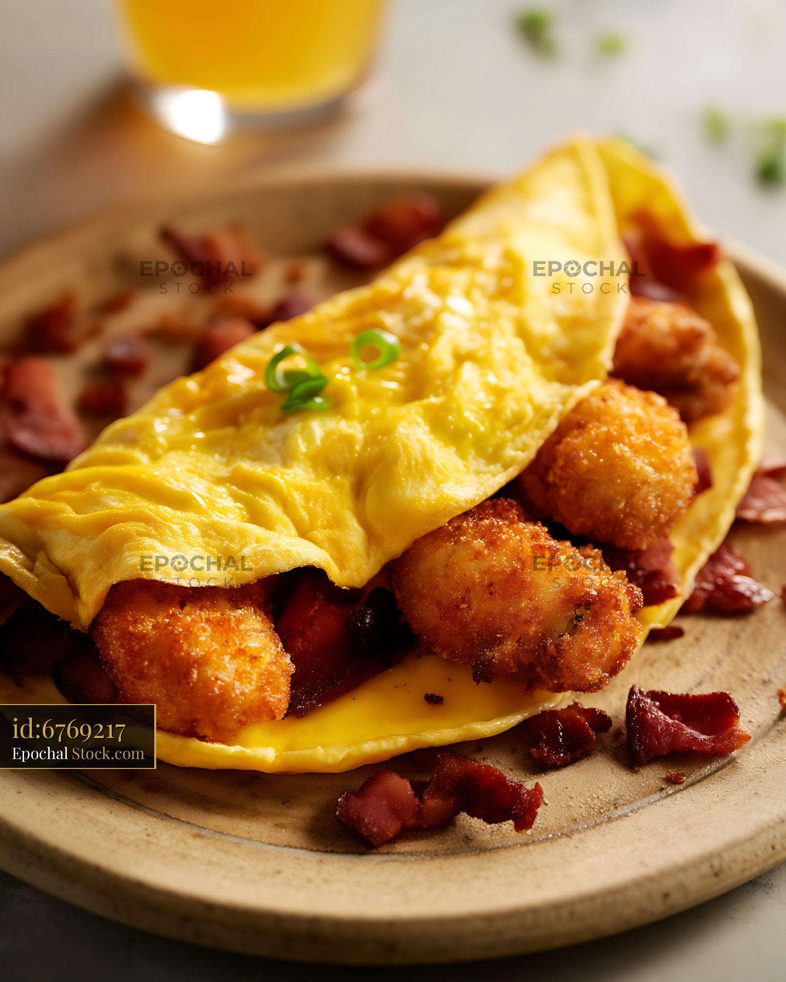 Golden Crispy Shrimp Omelet with Bacon - stock photo