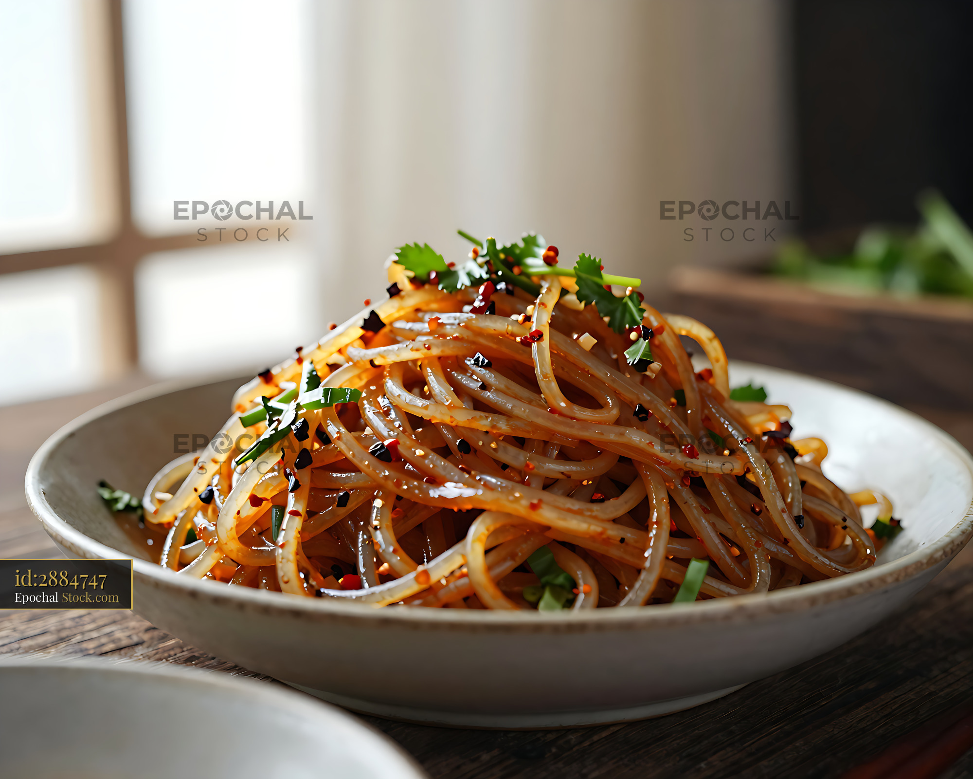 Sichuan Glass Noodle Salad in Ceramic Bowl - stock photo