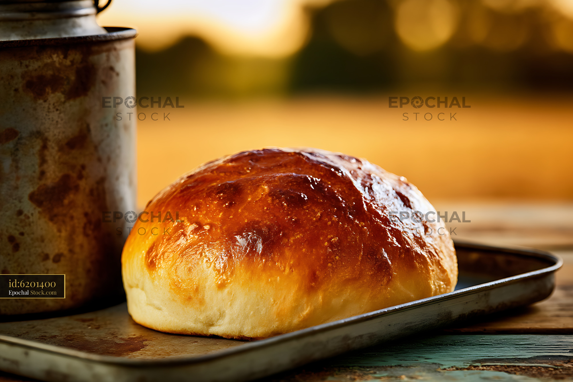 Golden Baked Bread Roll on Rustic Metal Tray - stock photo